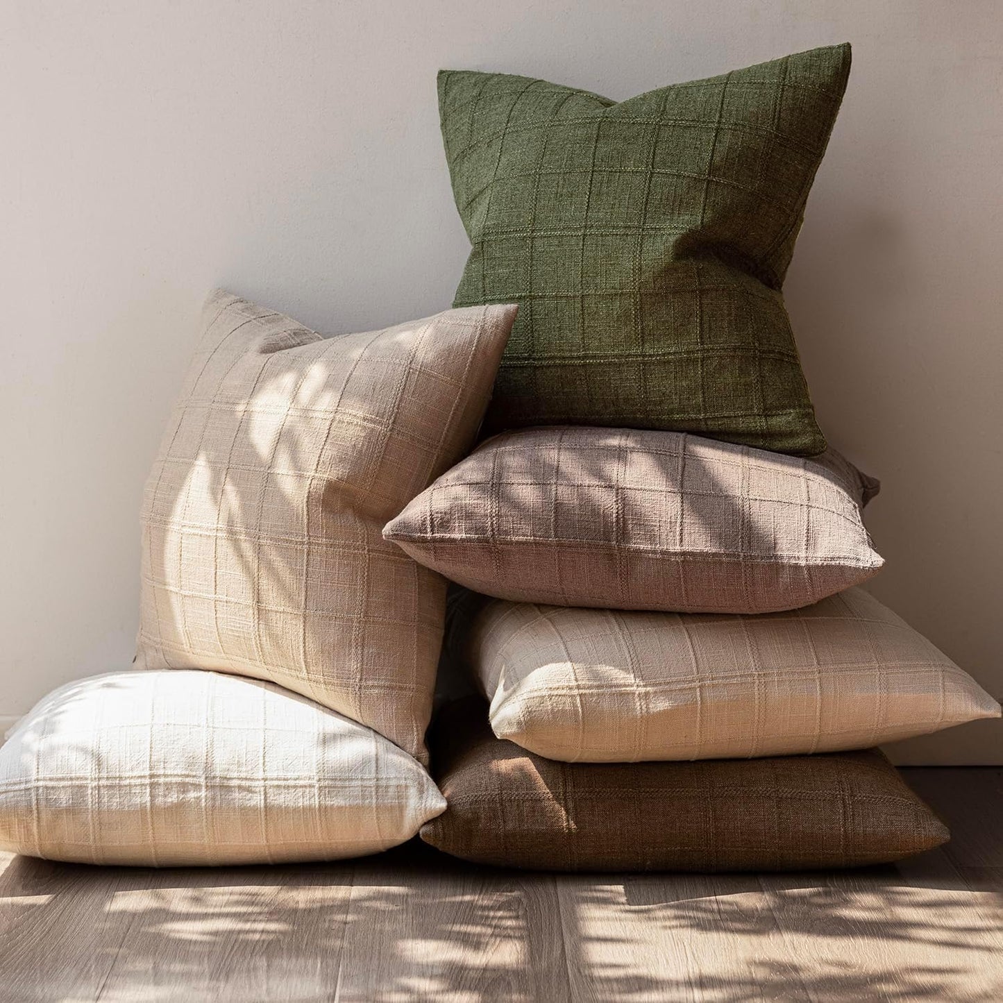 Foindtower Set of 2 Decorative Linen Check Throw Pillow Covers Neutral Farmhouse Lumbar Cushion Covers Modern Boho Home Decor for Sofa Chair Couch Bedroom Living Room Outdoor,12×20 Inch,Olive Green