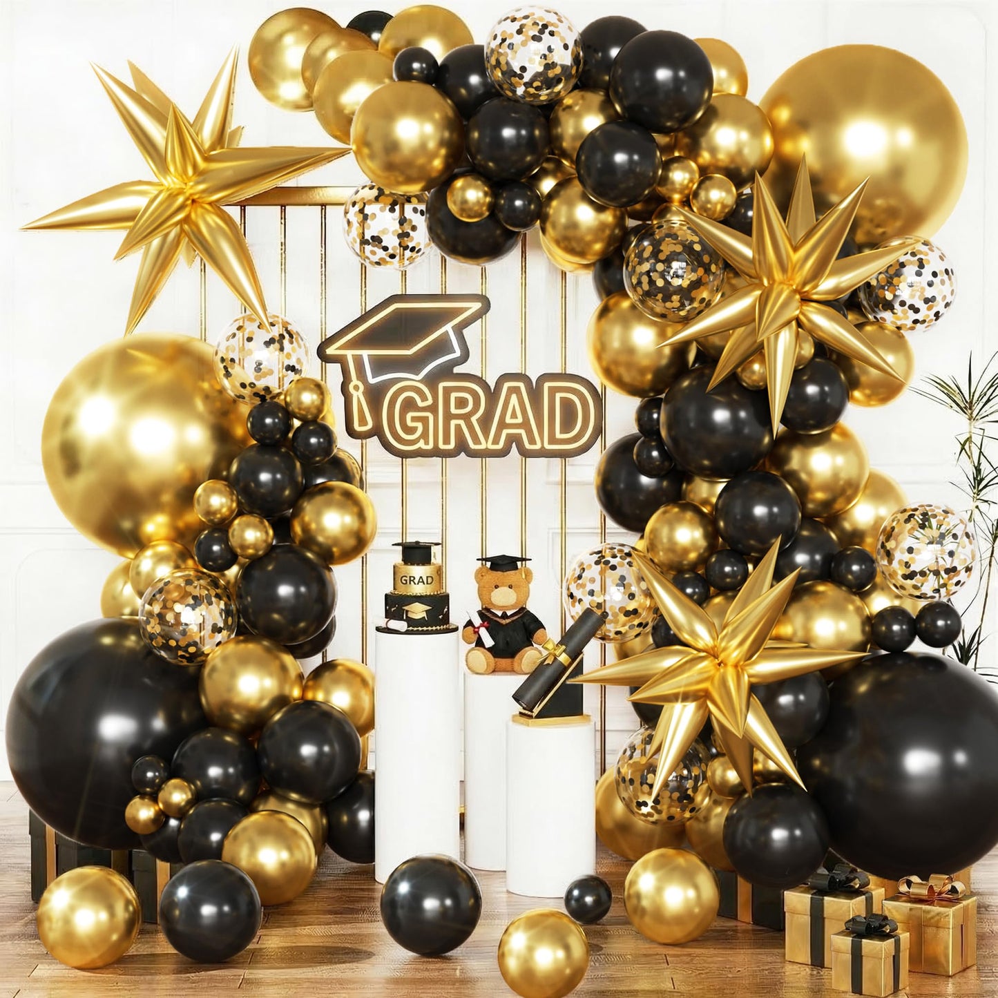KARLURE Black and Gold Balloons Arch Kit with Star Balloons for Graduation Decorations 2026 Class Prom Retirement Grad Party Decor Men Birthday Masquerade Anniversary Party Decorations