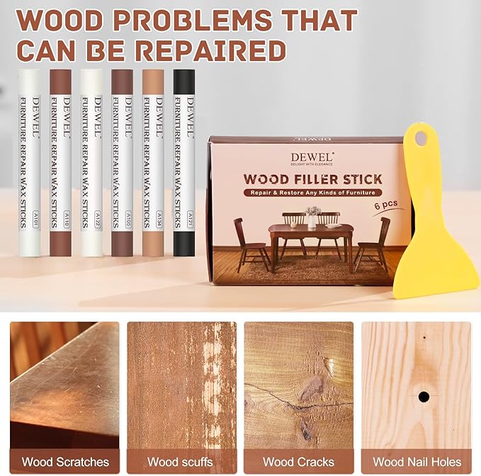 DEWEL Wood Filler Sticks, 6 Colors Wood Crayons for Scratches, Wood Floor Repair Wax Filler Sticks, Furniture Scratch Repair Crayons Kit for Wood Holes, Scratches, Table