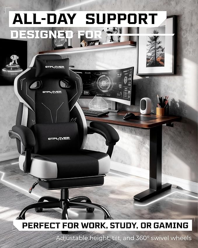 GTPLAYER Gaming Chair, Computer Chair with Footrest and Lumbar Support for Adults, 360°-Swivel Big & Tall Reclining Seat for Office or Gaming (Black)