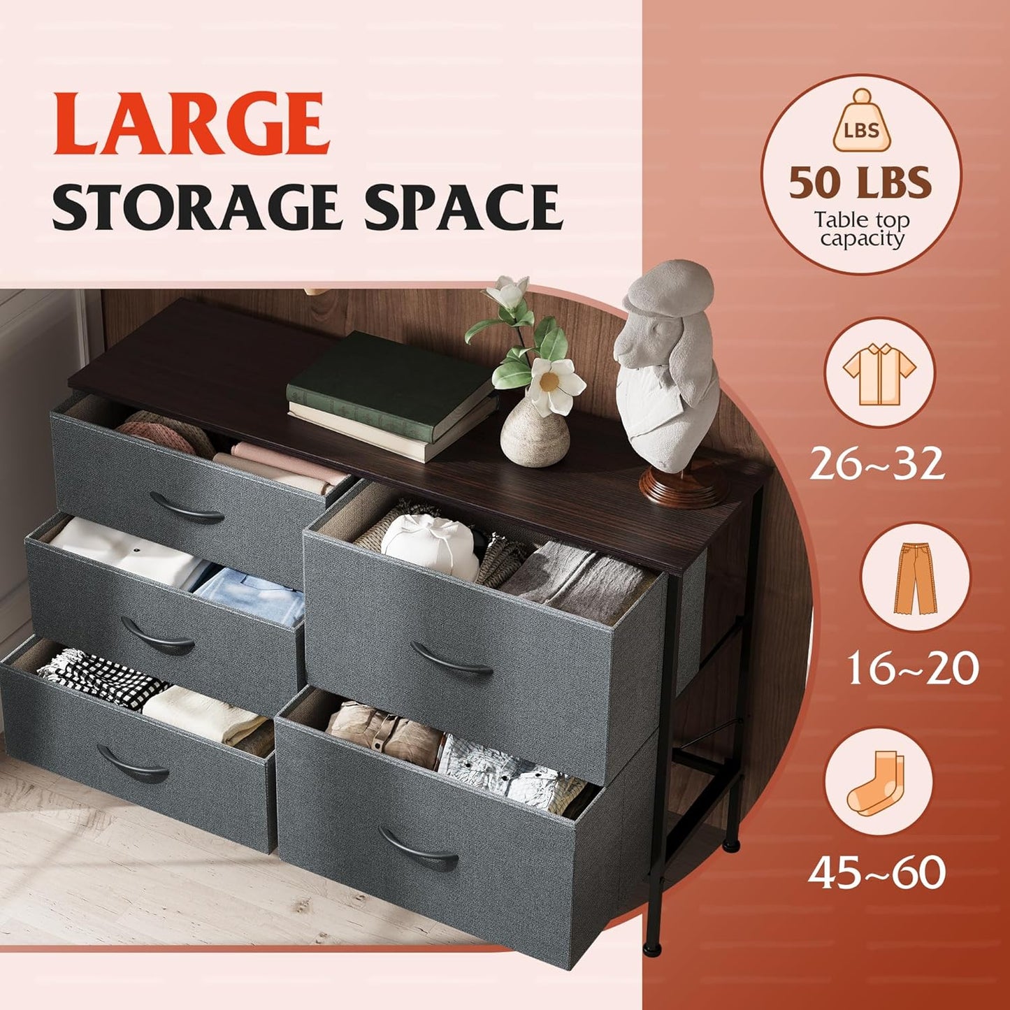 WLIVE Dresser for Bedroom with 5 Drawers, Wide Bedroom Dresser with Drawer Organizers, Chest of Drawers, Fabric Dresser for Living Room, Closet, Hallway, Dark Grey