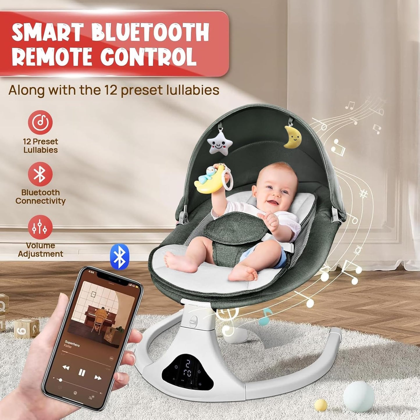 Electric Baby Swing with Remote Control - 5 Natural Motion Speeds, Detachable Seat Pad | Portable Infant Swing for Indoor/Outdoor Use (0-12M, 20lbs)(Green)