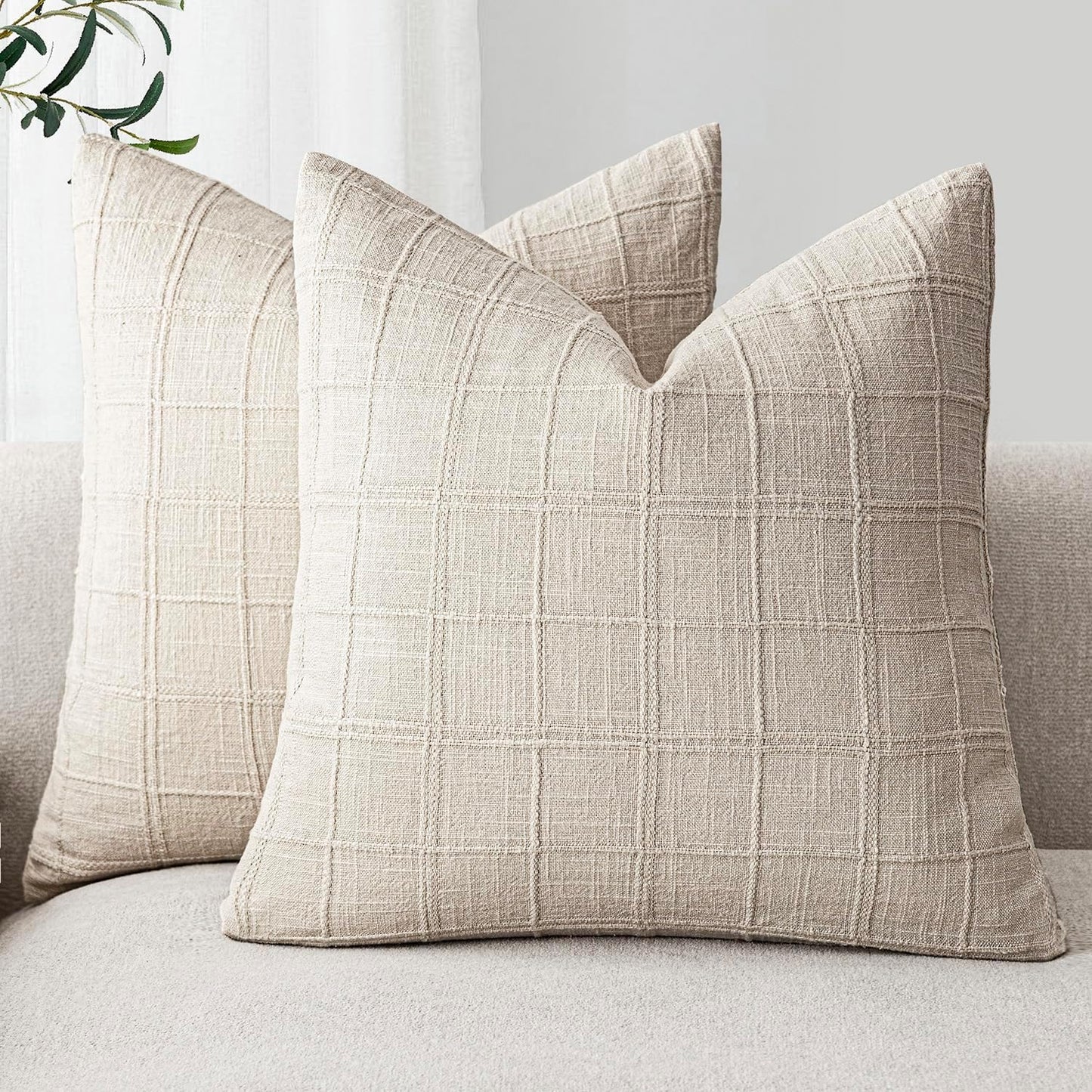 Foindtower Set of 2 Decorative Linen Check Throw Pillow Covers Neutral Farmhouse Vintage Cushion Covers Modern Boho Home Decor For Sofa Chair Couch Bedroom Living Room Outdoor,16×16 Inch,Natural Beige