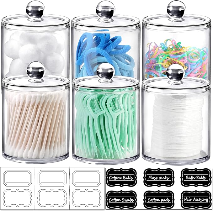 SheeChung 6 Pack Qtip Dispenser Apothecary Jars Bathroom with Labels - Qtip Holder Storage Canister Clear Plastic Acrylic Jar for Cotton Ball, Swab,Pads, Rounds,Floss Picks, Hair Clips (Clear)