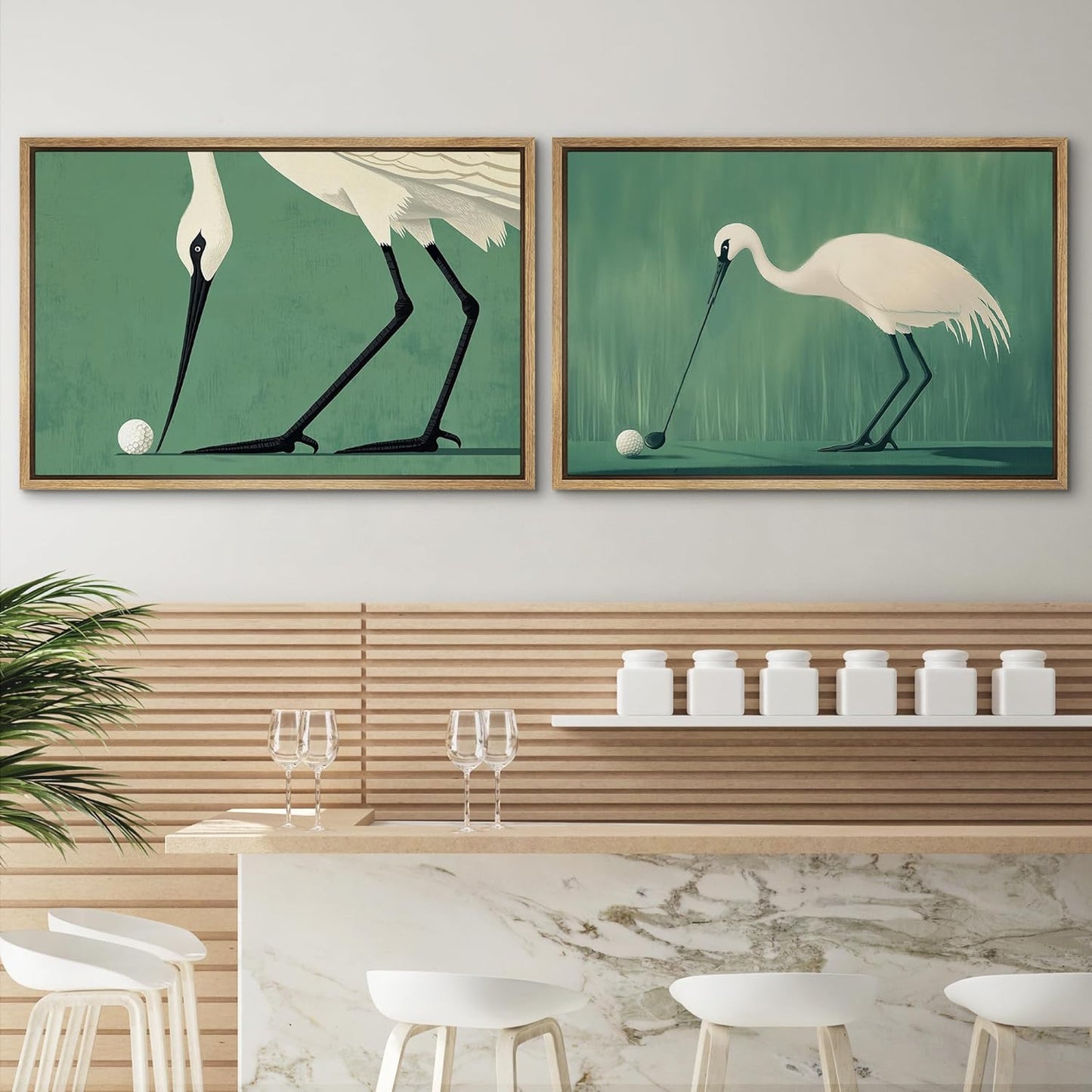 SIGNWIN Framed Canvas Print Wall Art Set Funny Crane Playing Golf Whimsical Bird Illustrations Modern Art Rustic Minimal for Living Room, Bedroom, Office - 24"x36"x2 Natural