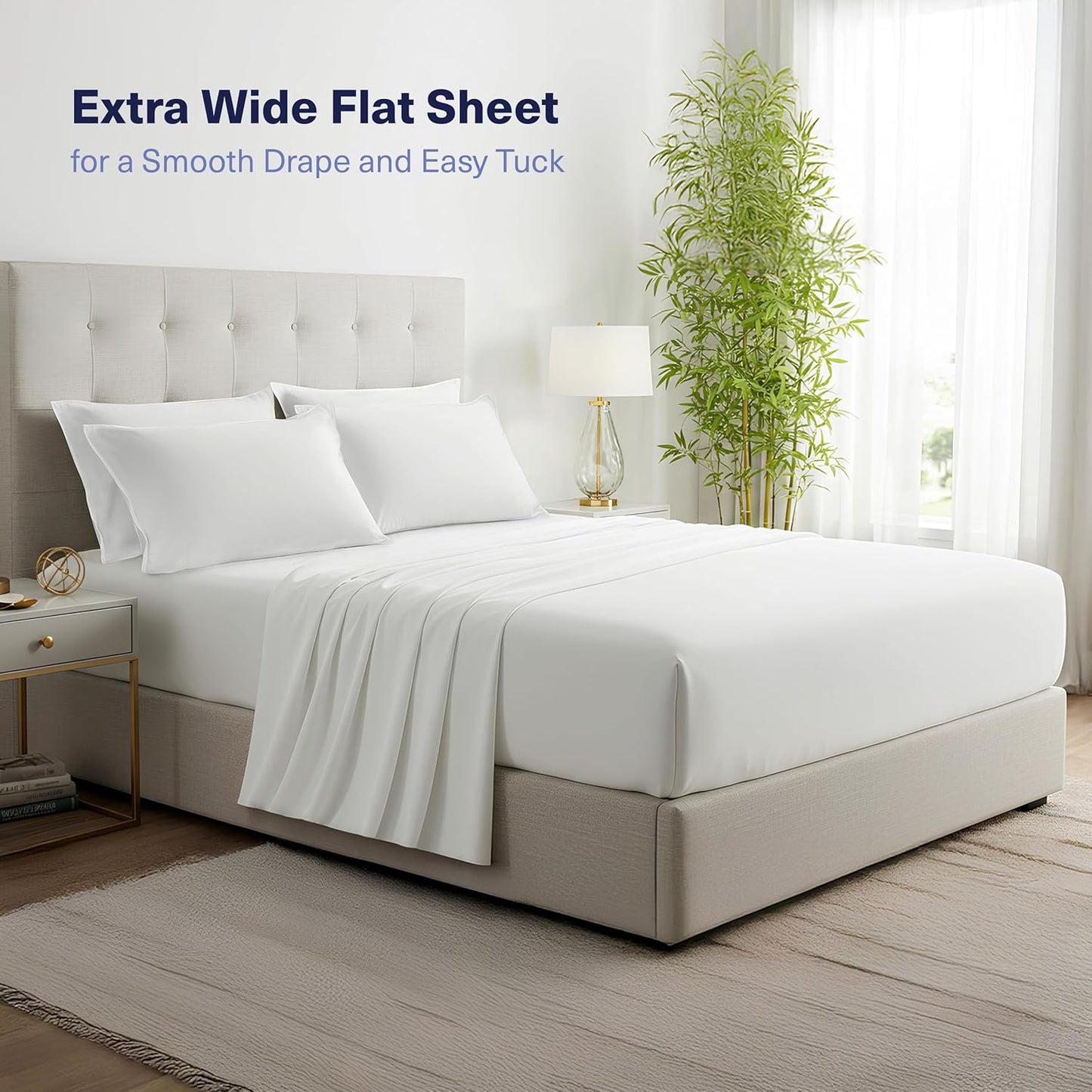 Kickoff Viscose Bamboo Sheets Queen Size 4-pc 100% Organic Bamboo Viscose Bed Cooling Sheets Queen Size Set Cool Bedding for hot Sleepers Sheet, Flat, Fitted, Pillowcases (Snow White, Q)