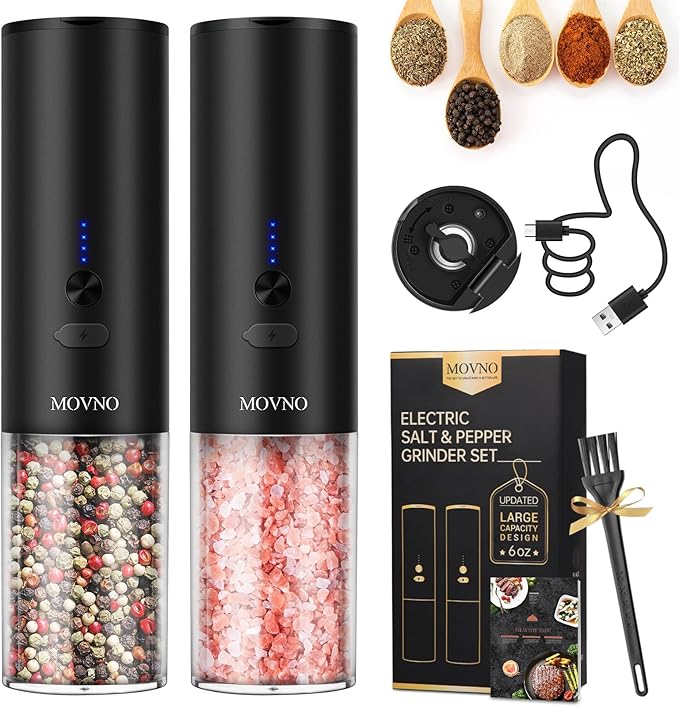 MOVNO Circuit Protection Electric Salt and Pepper Grinder Set With USB Rechargeable Adjustable Coarseness & LED Light, Large Capacity Automatic Electric Salt and Pepper Shakers Mill Set Refillable