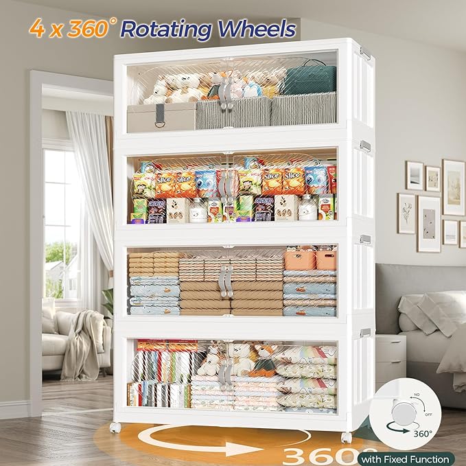120GAL Plastic Storage Bins with Lid, 480QT Extra Large Stackable Closet Organizers and Storage, Collapsible Storage Boxes with Wheels, Folding Cabinet for Home Kitchen Office, 4Pack White