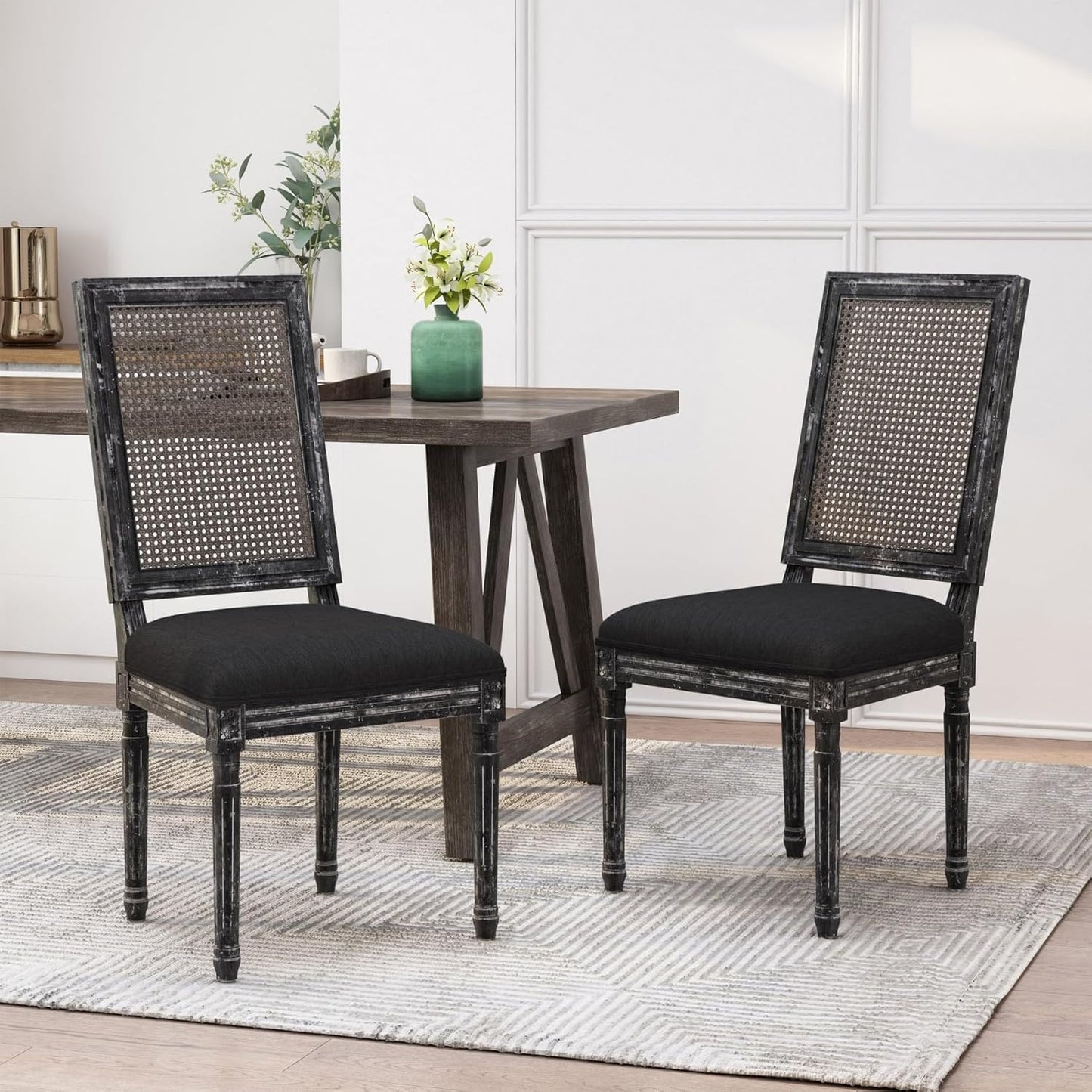 Merax Upholstered Solid Wood Dining Chairs Set of 2, French Country Style Accent Side Seating Furniture for Kitchen, Living Room, Wicker Back, Black