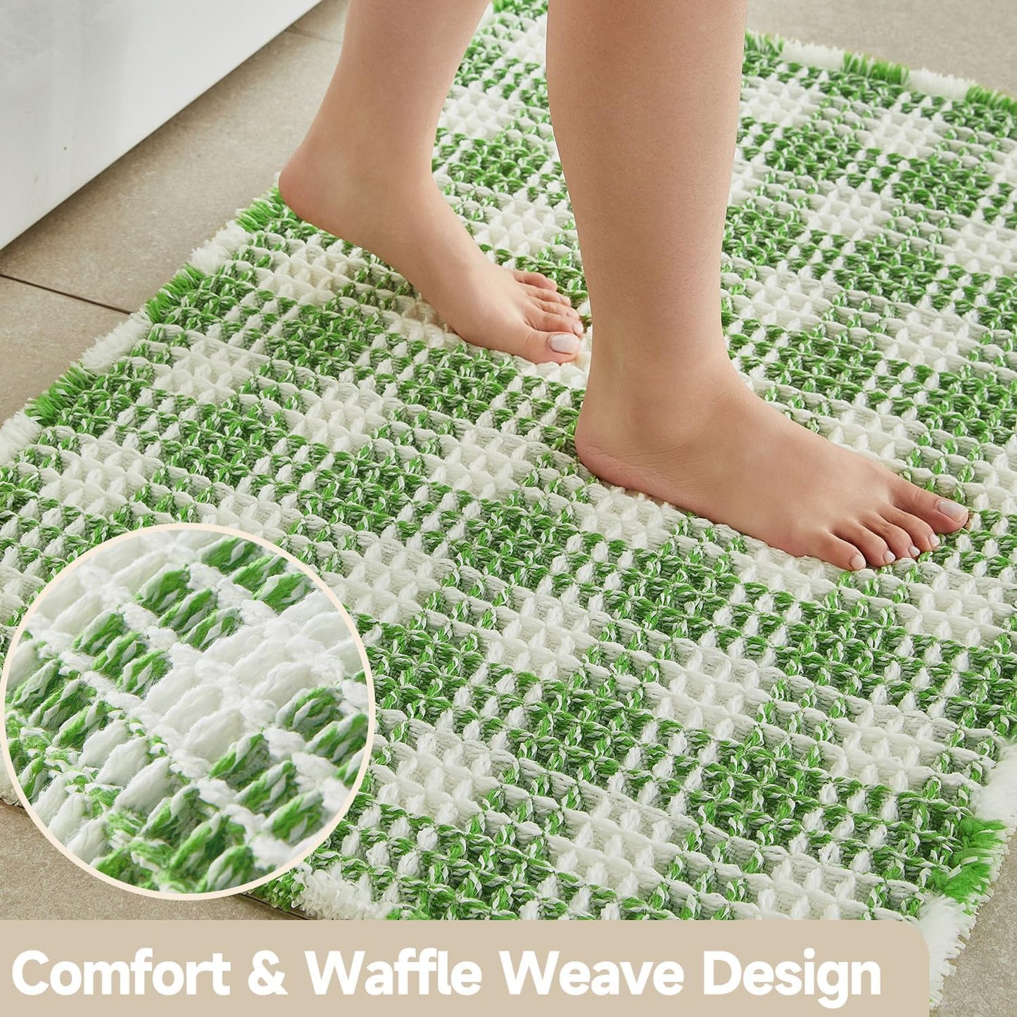 Waffle Runner Rug Bathroom, Long Boho Bathroom Rugs Non Slip Washable Absorbent Checkered Bathroom Mat Quick Dry Cute Bath Mat, 72"x24" Green and White