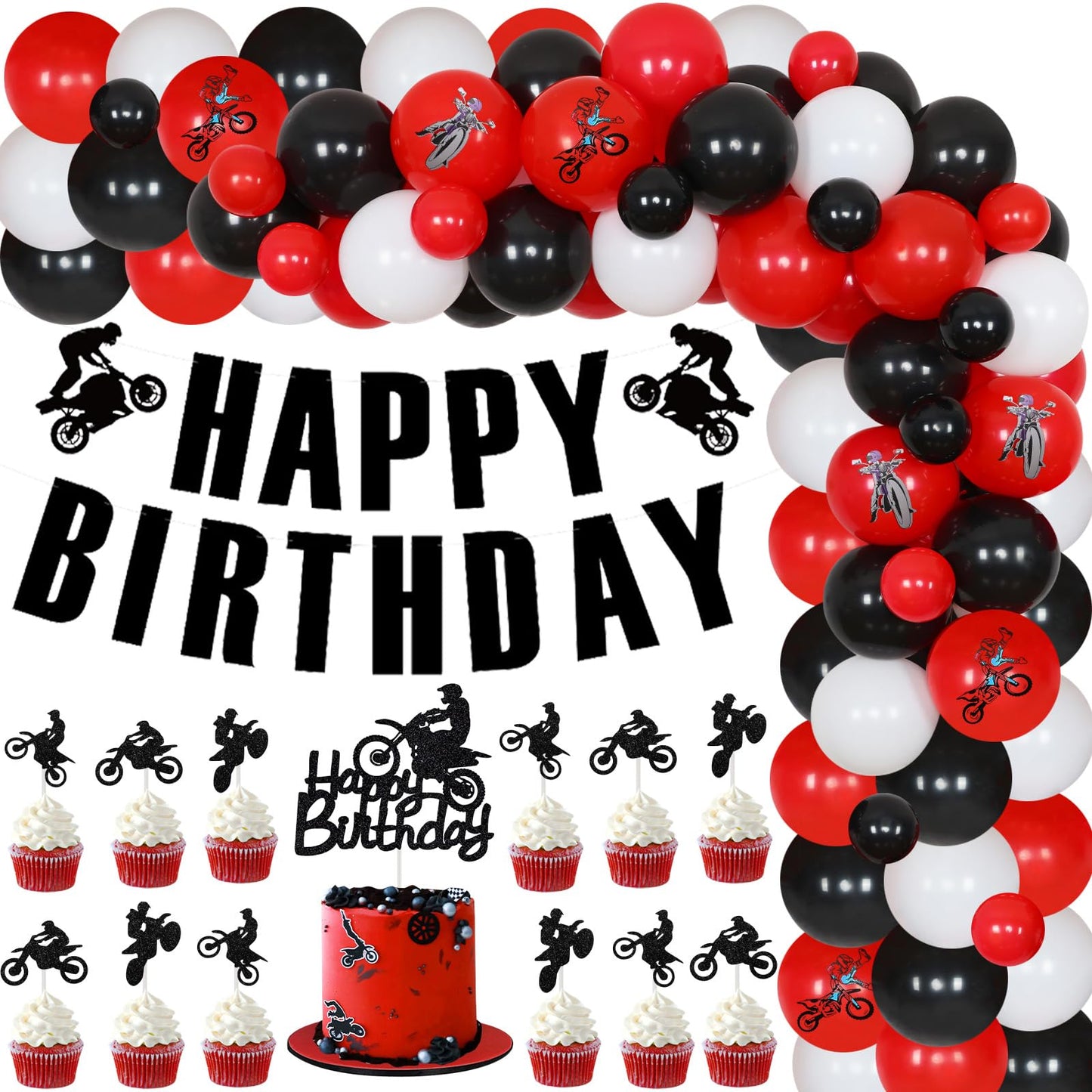 JOYMEMO Dirt Bike Birthday Decorations for Boys - Red Black Balloon Garland Arch Kit with Happy Birthday Banner Cake Topper, Motorcycle Cupcake Toppers for Motocross Theme Party Supplies