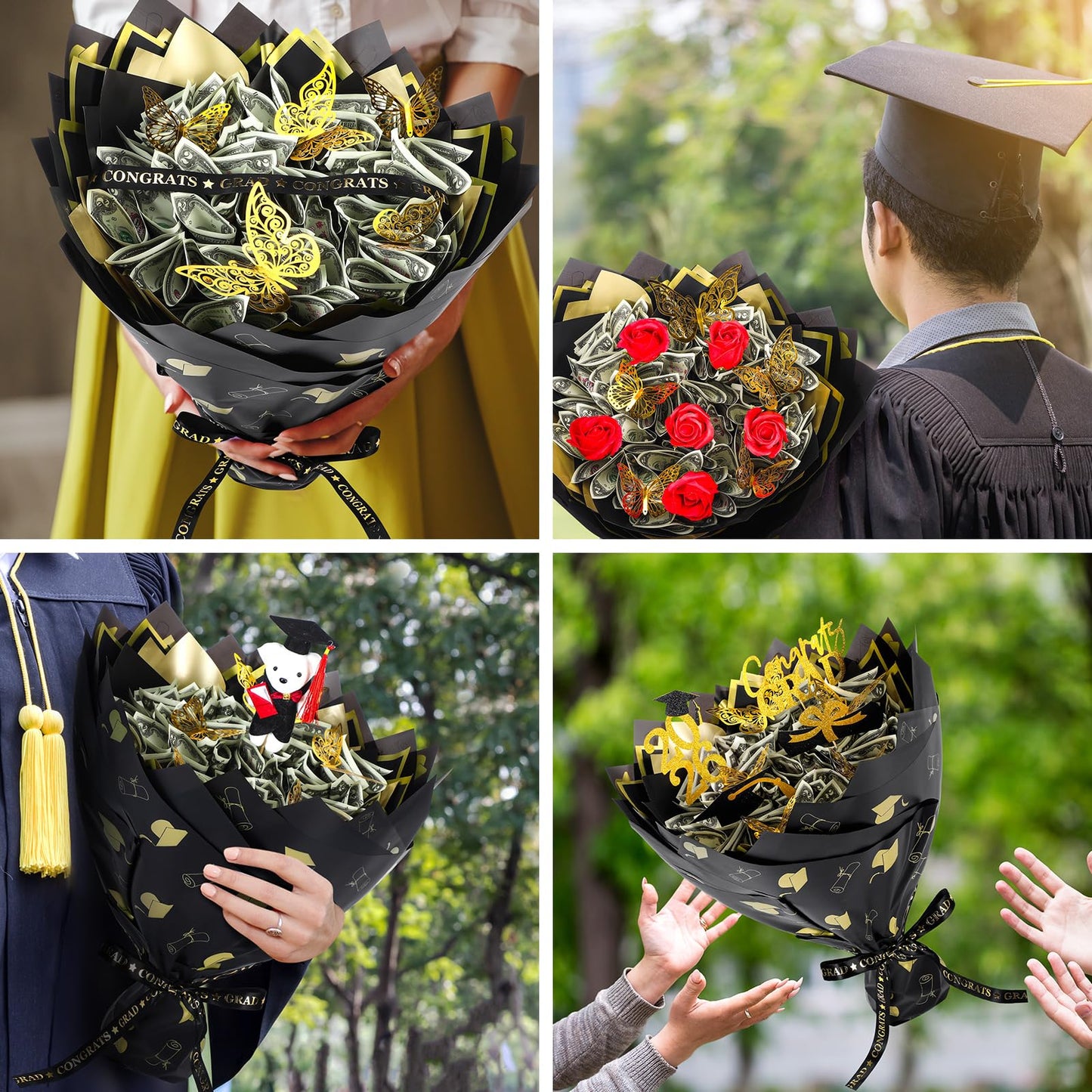 Colingmill Graduation Money Bouquet Kit 30 Sheet Flower Wrapping Paper 100 Pcs Skewers Floral Butterflies Rhinestone Pin Foam Blocks Ribbons Greeting Cards for DIY Congratulation Graduate Gift