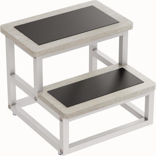 Step Stools, Heavy Duty Stepping Stool for Kids Adults, Non-Slip Metal and Wooden 2 Steps Foot Stool for High Beds and Kitchen, Round Corner, 500 Lbs Capacity, White Oak
