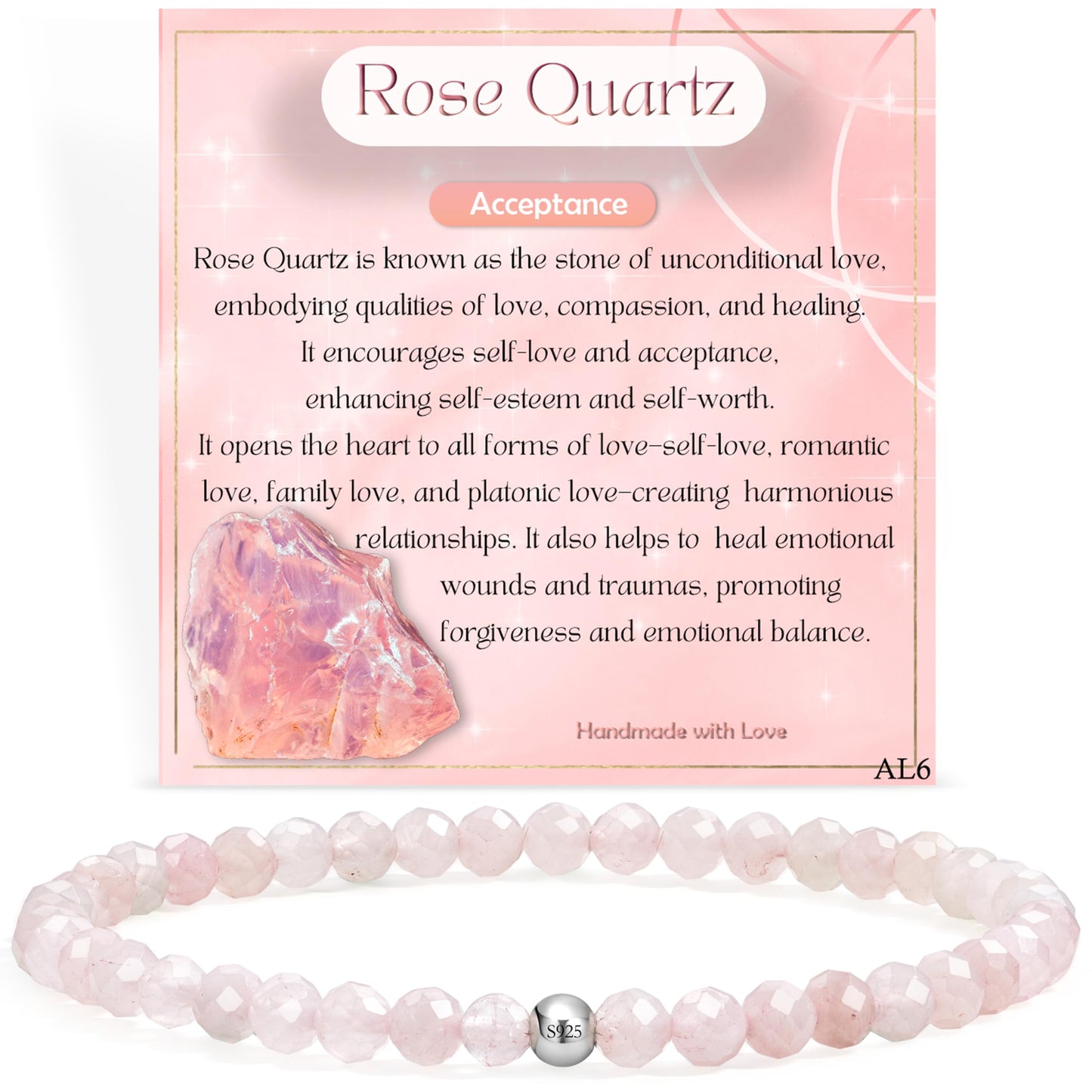 Farfume Rose Quartz - Acceptance - Beaded Bracelets for Women,Handmade Natural Stone 4mm Beads 925 Sterling Silver Stretch Bracelets, Chakra Crystal Gemstone Jewelry Gifts for Mom