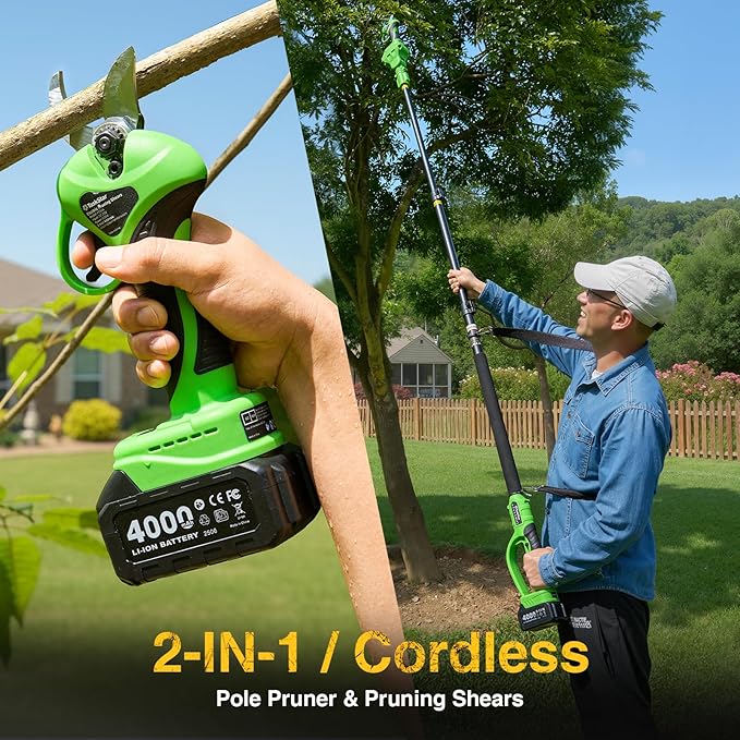 2-in-1 Electric Pruning Shears: 20V Cordless Pole Pruner 1.2" Cutting Diameter - 2 Pcs 4000mAh Battery, 9Ft Telescopic Pole, Extra SK5 Blade, 3 Modes Brushless Power Tree Pruner for Gardening