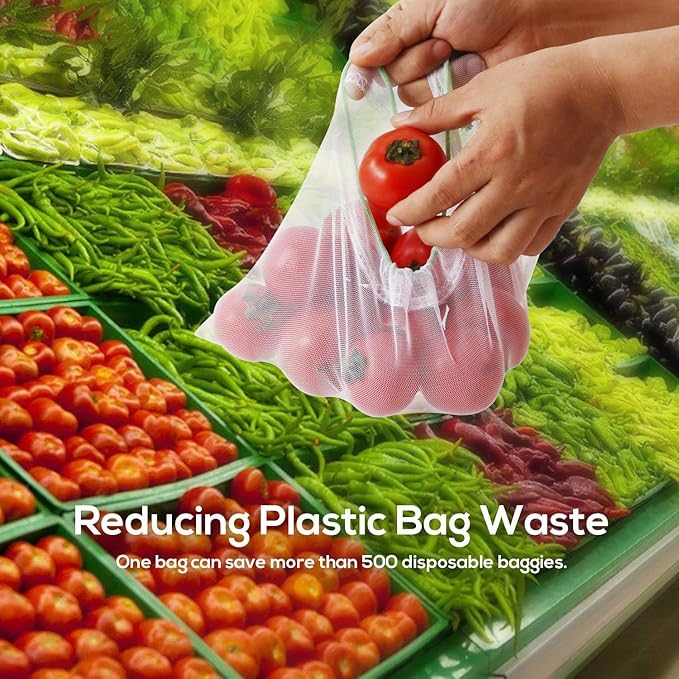 SPLF 18 Pcs Heavy Duty Reusable Mesh Produce Bags, Barcode Scanable See Through Food Safe Mesh Bags with Drawstring for Fruits, Vegetable, Food, Toys, Grocery Storage