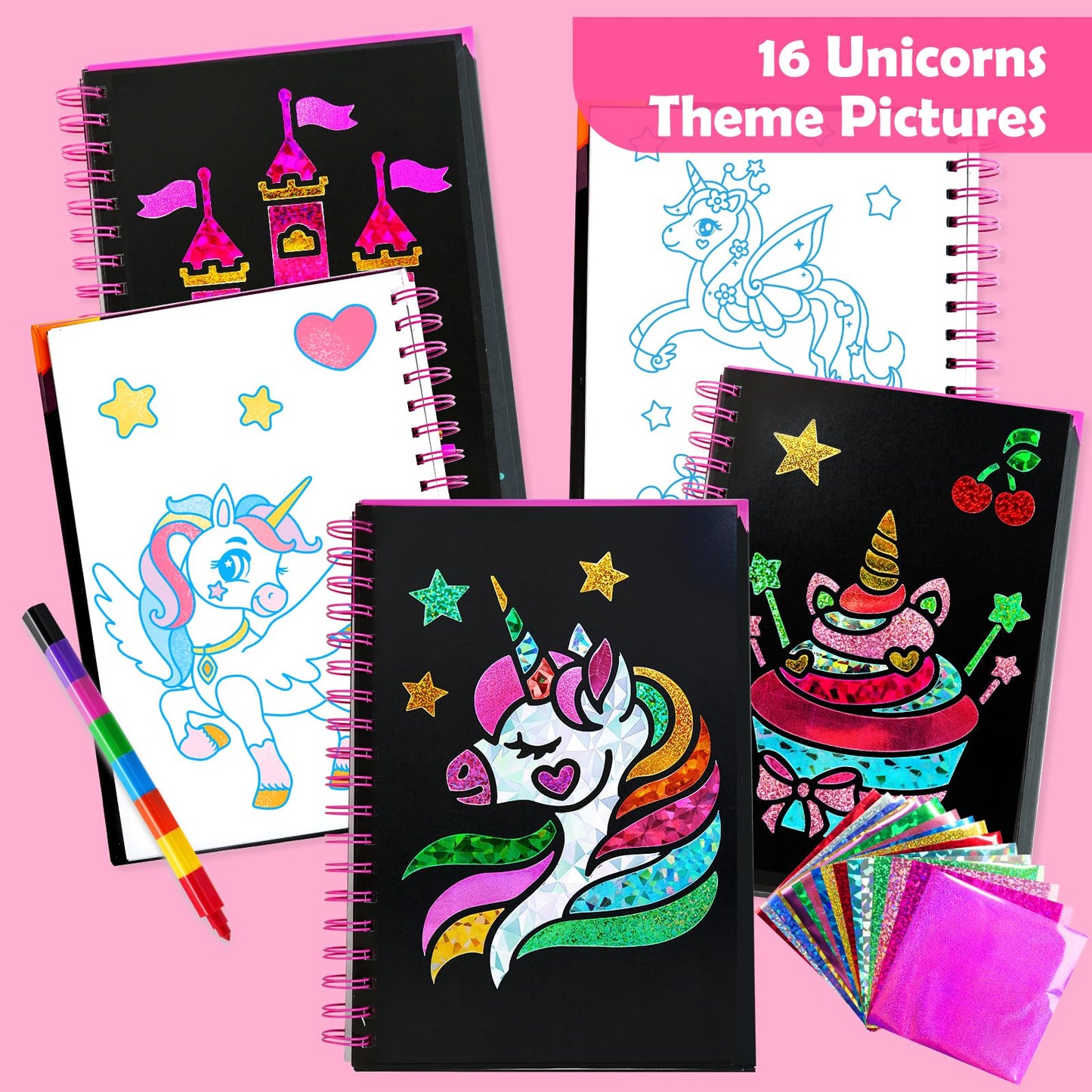 FUNNYB&G Foil Art Craft Kit for Girls 4-10 Years Old: Mess-Free & No-Glue, Create 16 Sparkly Unicorns Pictures – Perfect Travel Toy & Birthday Gift for Kids（Unicorns）