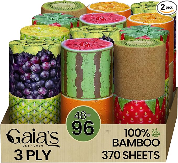 Gaias Premium and Soft Fruit TP Organic Bamboo Toilet Paper | 48 Mega Rolls, 3 Ply, 370 Sheets | FSC Certified, PFAS & BPA Free, Eco-Friendly, Sustainable Tissue - Plastic Free, Septic Safe, Vegan