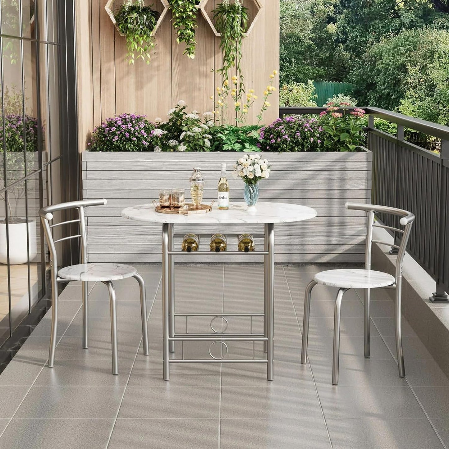 Shahoo 3-Piece Wooden Dining Table Set, Kitchen Breakfast Nook Sets with 2 Chairs & Round Tabletop, Space Saving Furniture Metal Frame and Built-in Wine Rack, Marble White