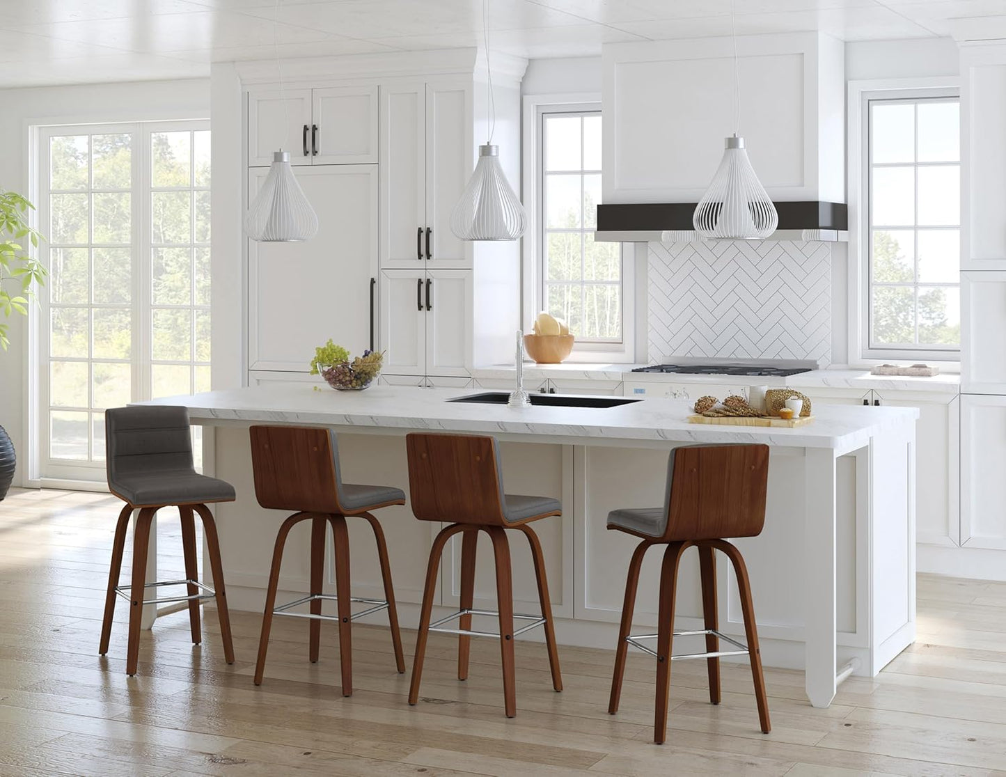 Armen Living Vienna 26" Swivel Counter Stool in Walnut Wood Finish with Gray Faux Leather - Set of 2