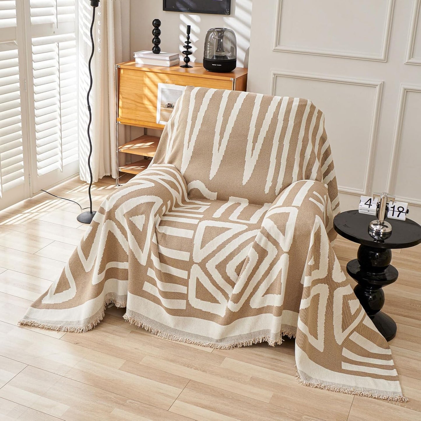 HANDONTIME Sofa Covers Armchair Boho Couch Cover for Dogs Khaki Throw Couch Cover with Tassel Chair Recliner Futon Cover Washable 1 Cushion Couch Non Slip Chenille Couch Protector, 71" X71"
