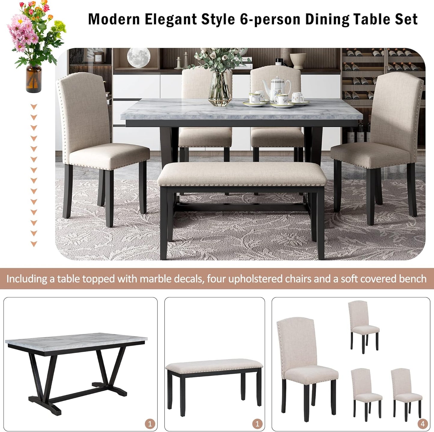 6 Pieces Dining Table Set with 60" Rectangle Marbled Veneers Tabletop Kitchen Desk,Living Room Furniture W/ 4 Chairs & 1 Bench,for Restaurant,Home Bistro,White