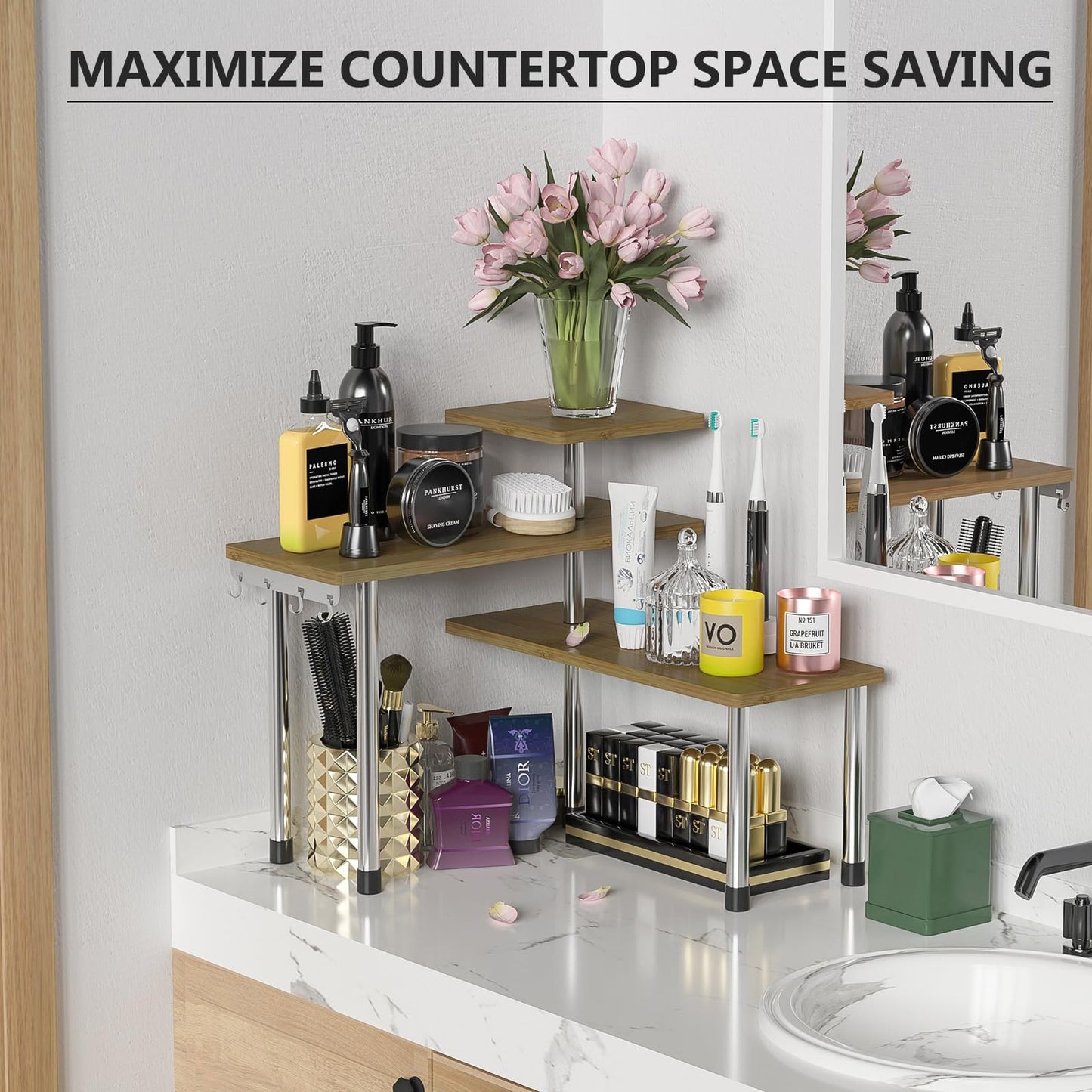 ZHWS Kitchen Corner Shelf Countertop Organizer - 3 Tier Bamboo & Metal Kitchen Organization Plant Stand Living Room Office, Spice Rack On Counter Shelves, Antique