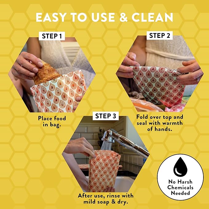 BeeBAGZ - Beeswax Wrap Storage Bag, Reusable Food Storage Bags, Pack of 3, Plastic Free Biodegradable Food Wrap Alternative, Starter Pack, 1 Small + 1 Medium + 1 Large, (Orange)