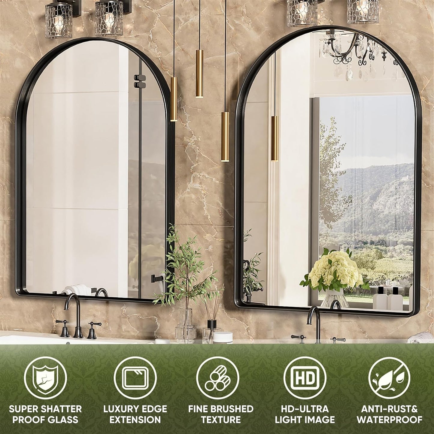 Suidia 22" x 30" Bathroom Mirror, Bathroom Vanity Mirror Metal Framed, Wall-Mounted Mirrors for Bedroom, Living Room, Entryway, Hallway, Black, Arch Style