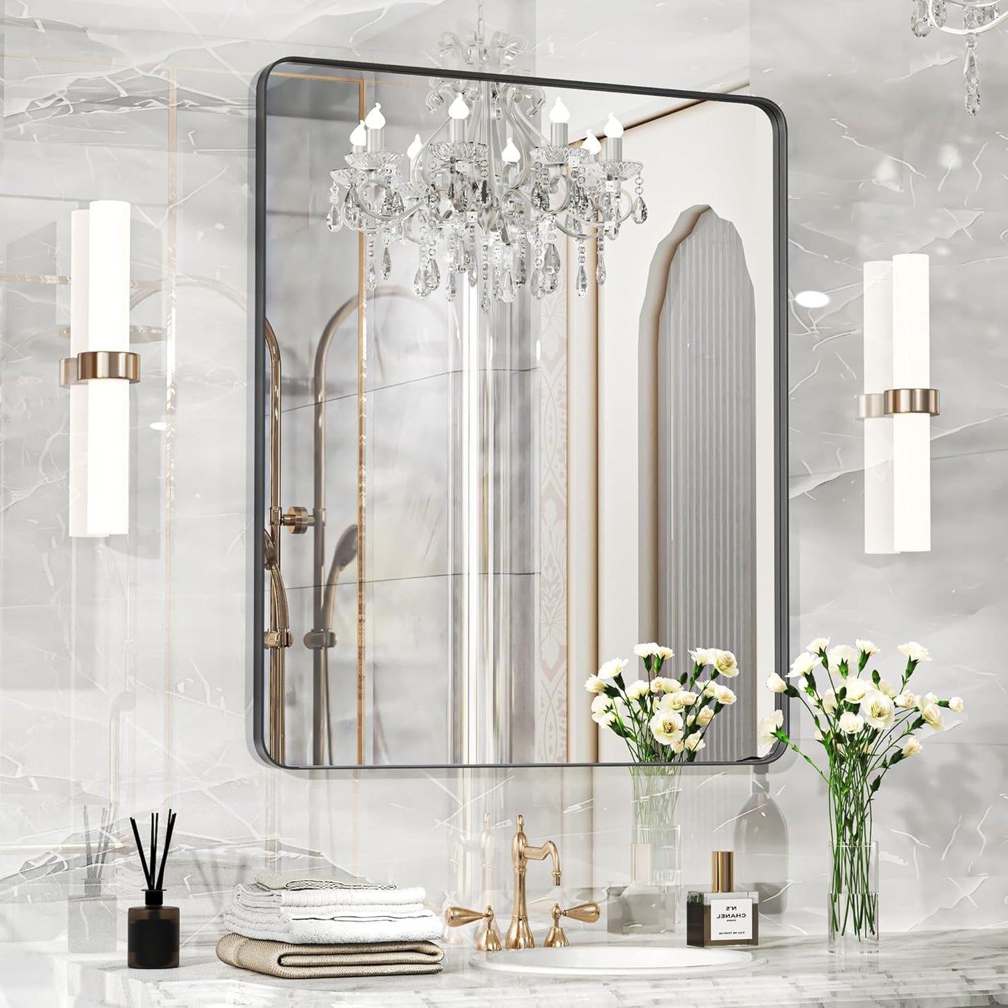 Fun Memories Wall Mirror for Bathroom, 40x32 Inch Black Bathroom Mirror, Rectangular Wall Mounted Decorativ, Rounded Corner, Aluminum Alloy Frame, Farmhouse, Hangs Horizontal or Vertical