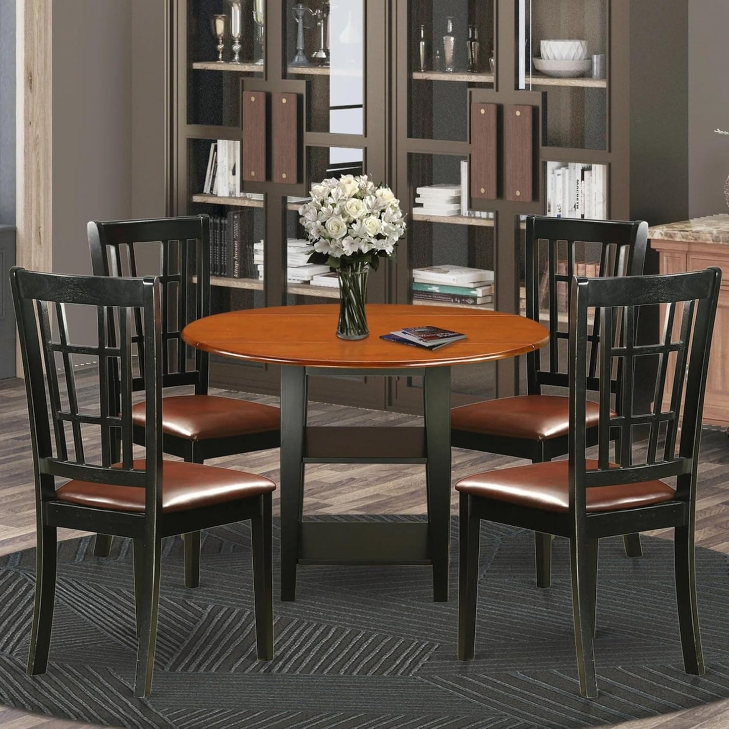 East West Furniture SUNI5-BCH-LC 5 Piece Dining Table Set for 4 Includes a Round Kitchen Table with Dropleaf & Shelves and 4 Faux Leather Kitchen Dining Chairs, 42x42 Inch, Black & Cherry