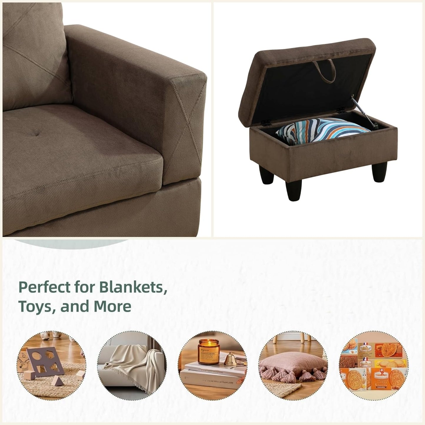 L Shaped Sectional Couch Sofa, Modern Couches for Living Room, Comfy 4 Seat Modular Sectional Sofa with Ottoman Storage for Bedroom Apartment, Brown