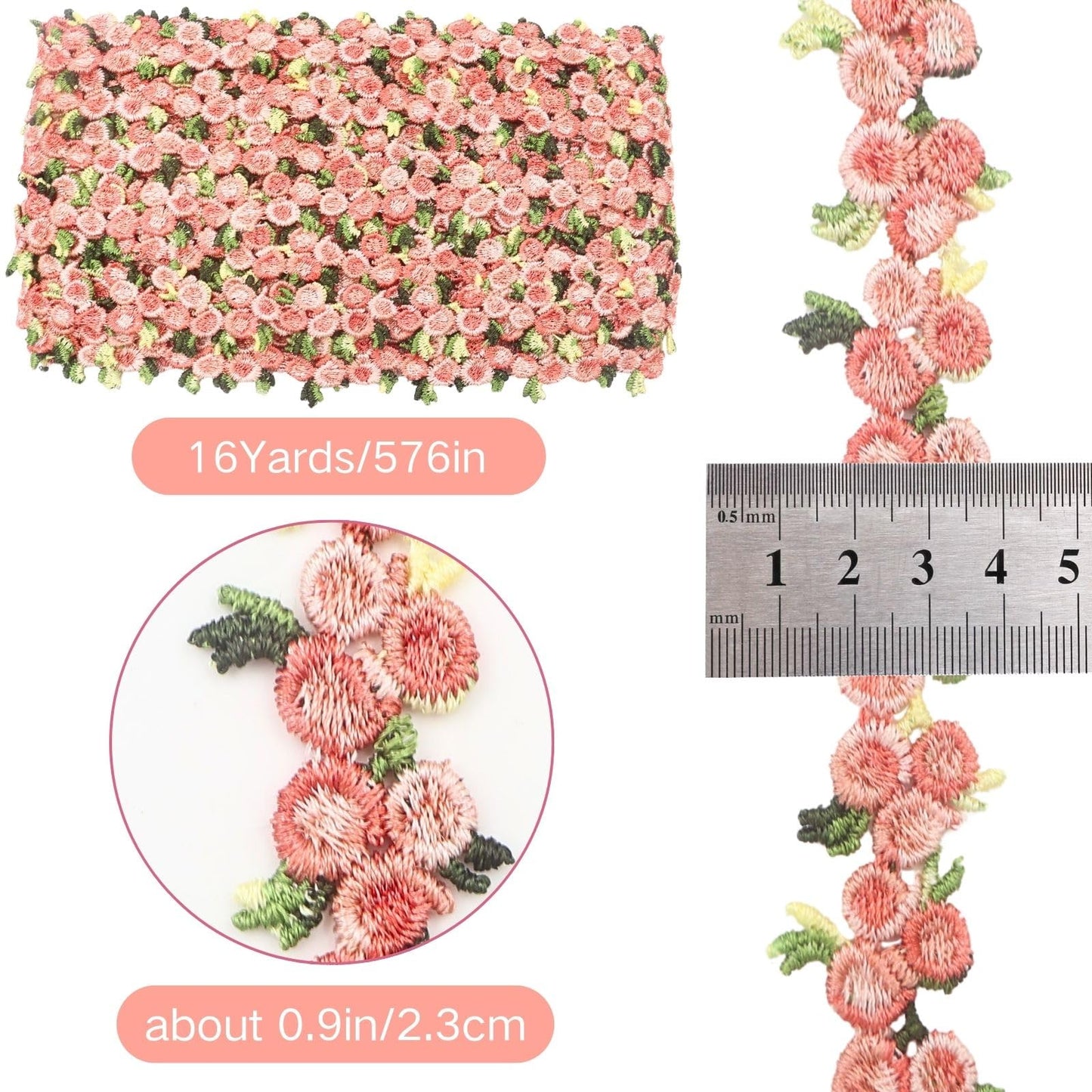 Bijou Joon 16 Yards Skin Pink Lace Trim Ribbon Floral Ribbon Floral Pattern Embroidered Lace Trim Applique DIY for Sewing Edge Craft Decorative Vestidos Garment Wedding Dresses Embellishment