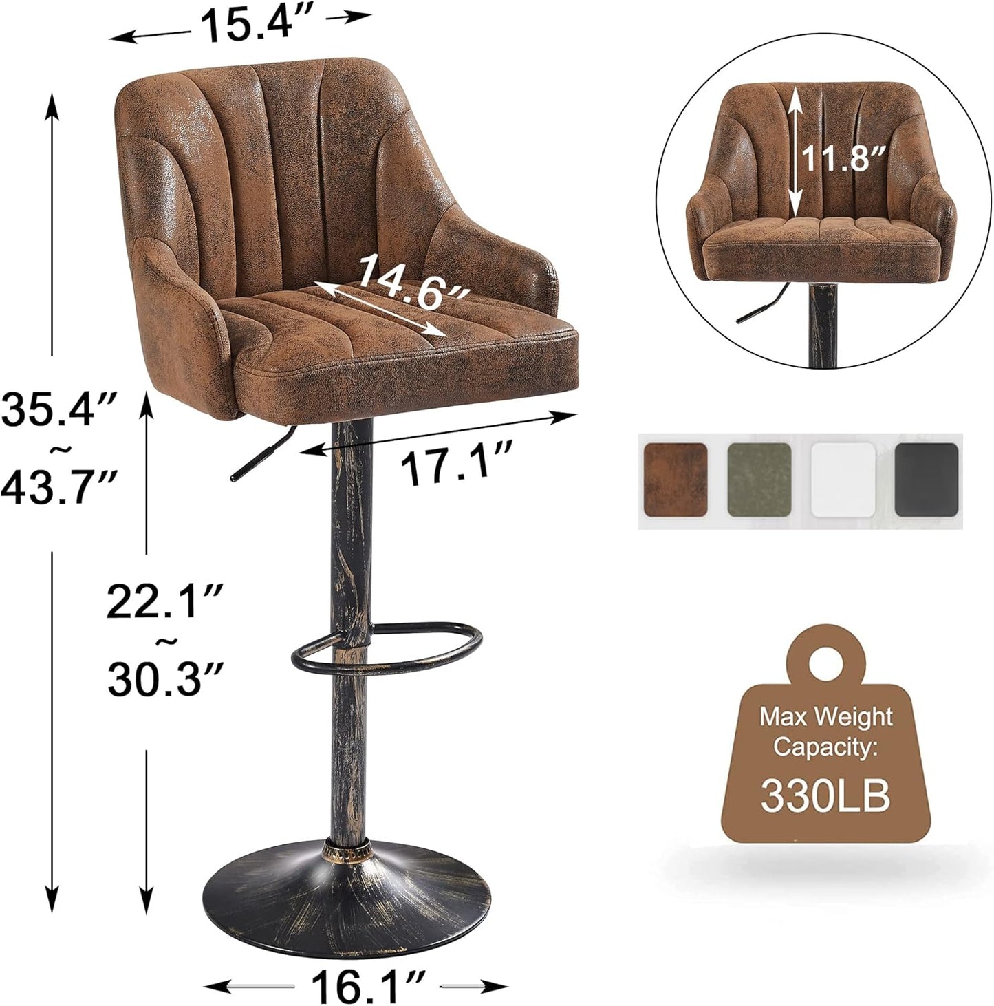 VECELO Bar Stools Set of 4, Adjustable Barstools, Counter Height Stools with Back and Arm, Kitchen Island Stools, Swivel PU Chairs for Pub, Dining Room, Industrial Style, Dark Brown