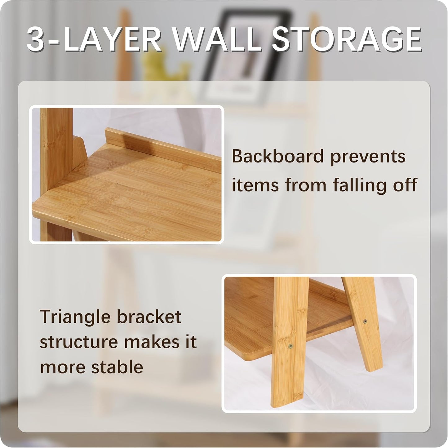 DOUSY-3-Tier Ladder Shelf, Bamboo Ladder Bookshelf Leaning Bookcase Trapezoid Bookshelf Storage Rack Shelf for Living Room, Kitchen, Bathroom, Home Office, Natural Color