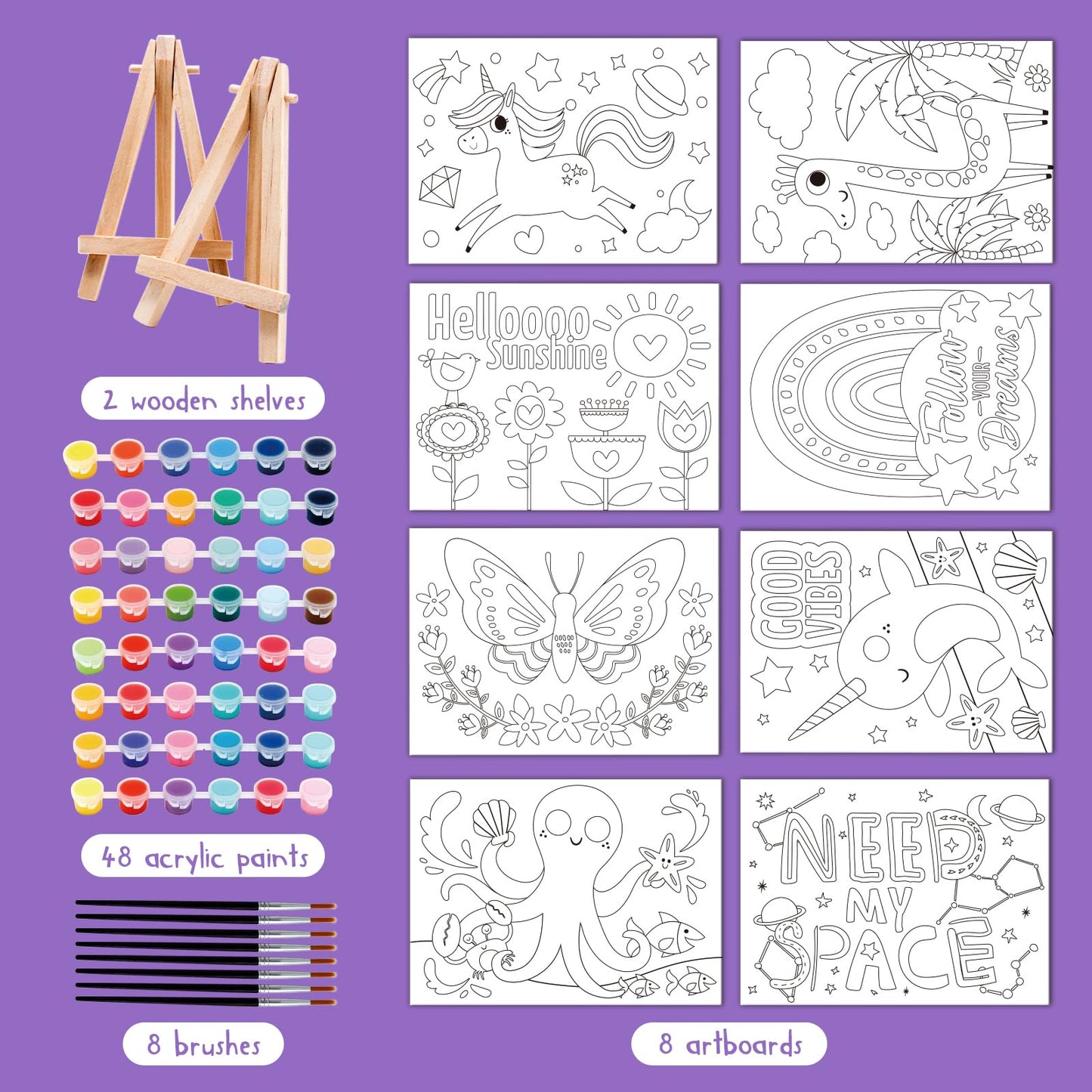 goldentime 8 Packs 5x7 Pre Drawn Canvas Set,Paint by Numbers for Kids,48 Paints 8 Brushes 2 Easels,Pre-Printed Acrylic Oil Painting Kit Ages 8-12 9-12 4-8