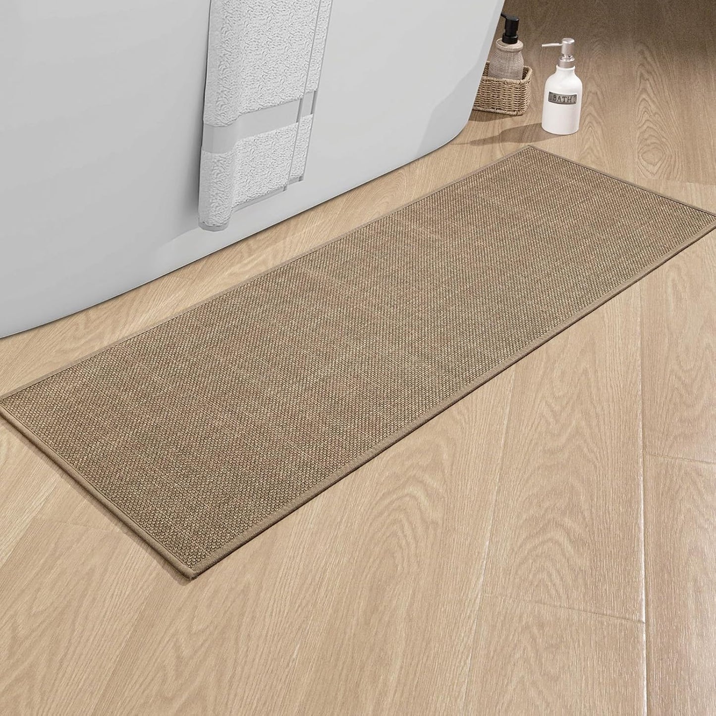 chakme Bathroom Rugs 47x17, Ultra Thin Non Slip Bath Mat Runner Quick Dry Absorbent Bath Mat for Bathroom Floor, (Dark Beige, 47"x17")
