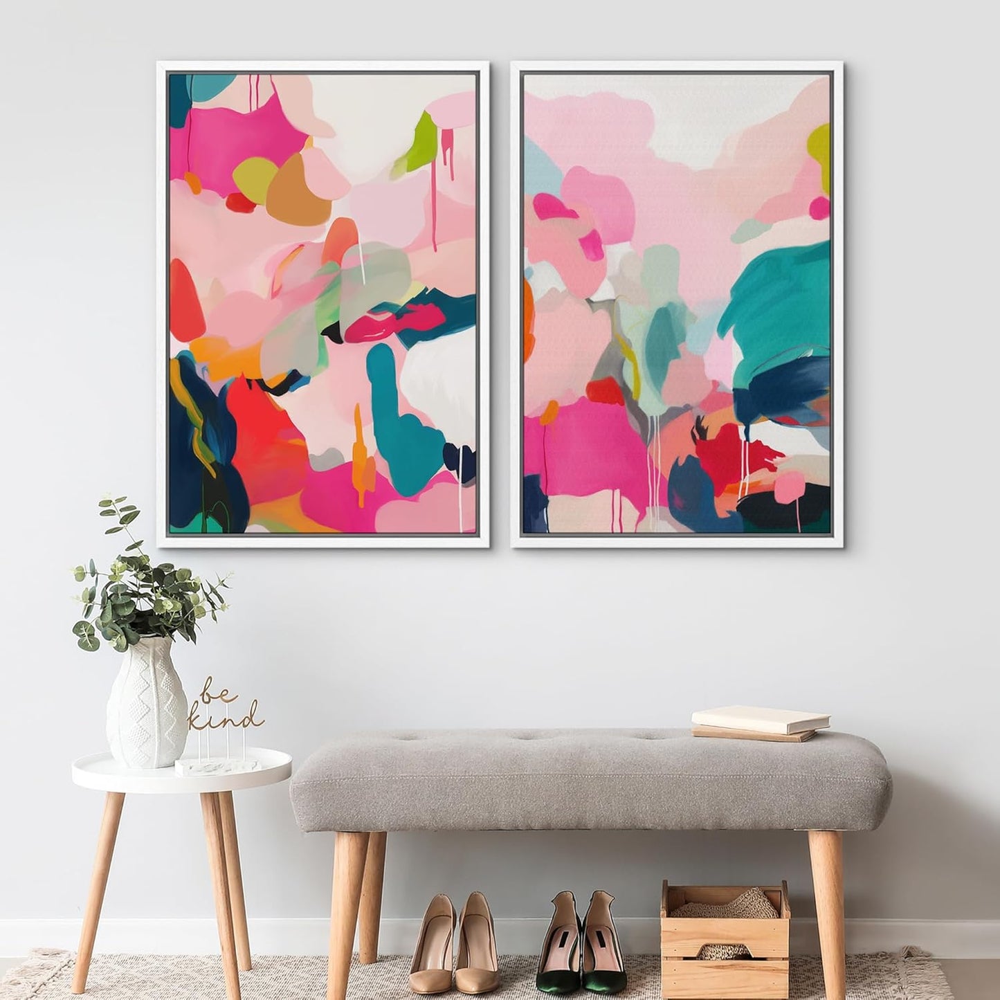 SIGNWIN Framed Canvas Print Wall Art Colorful Abstract Vibrant Pink and Blue Drip Illustrations Modern Art Decorative Contemporary for Living Room, Bedroom, Office - 16"x24"x2 White