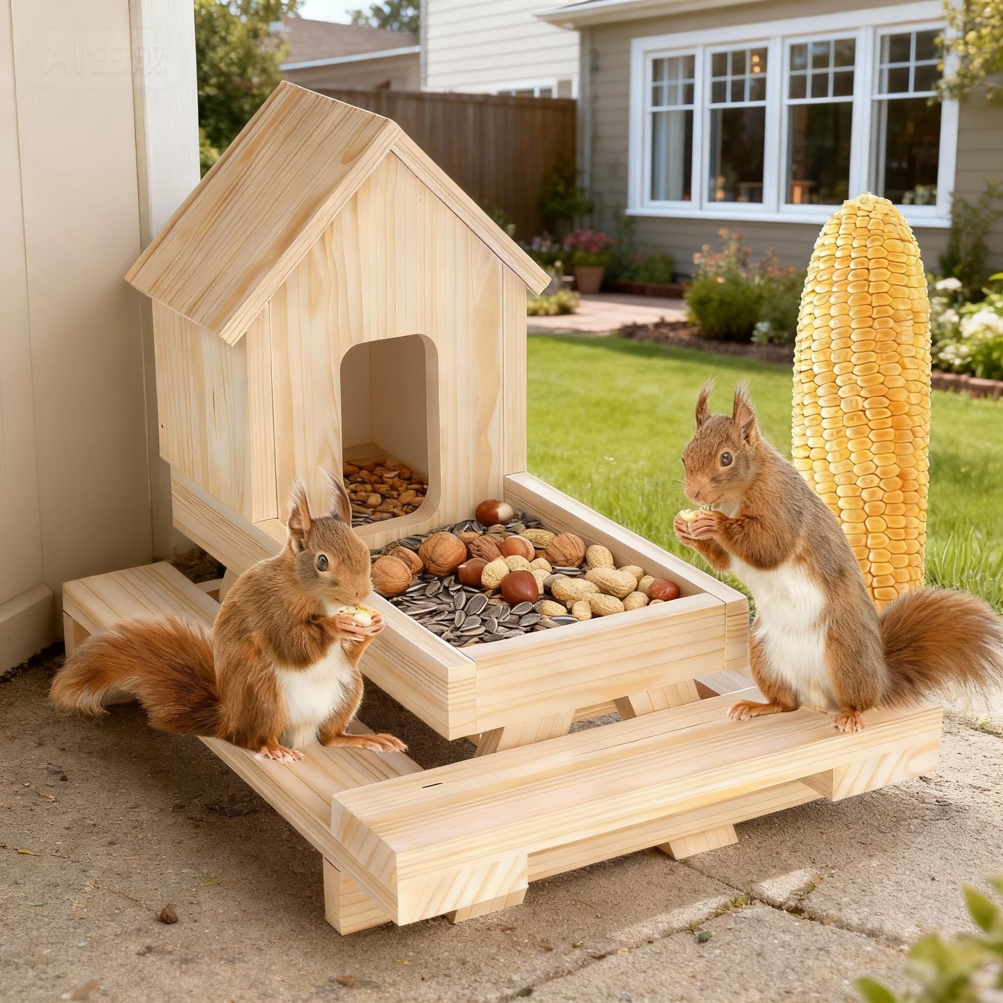 Wooden Squirrel Feeder, Squirrel Picnic Table Feeder with Corn Cob Holder, Squirrel Feeders for Outside Backyard