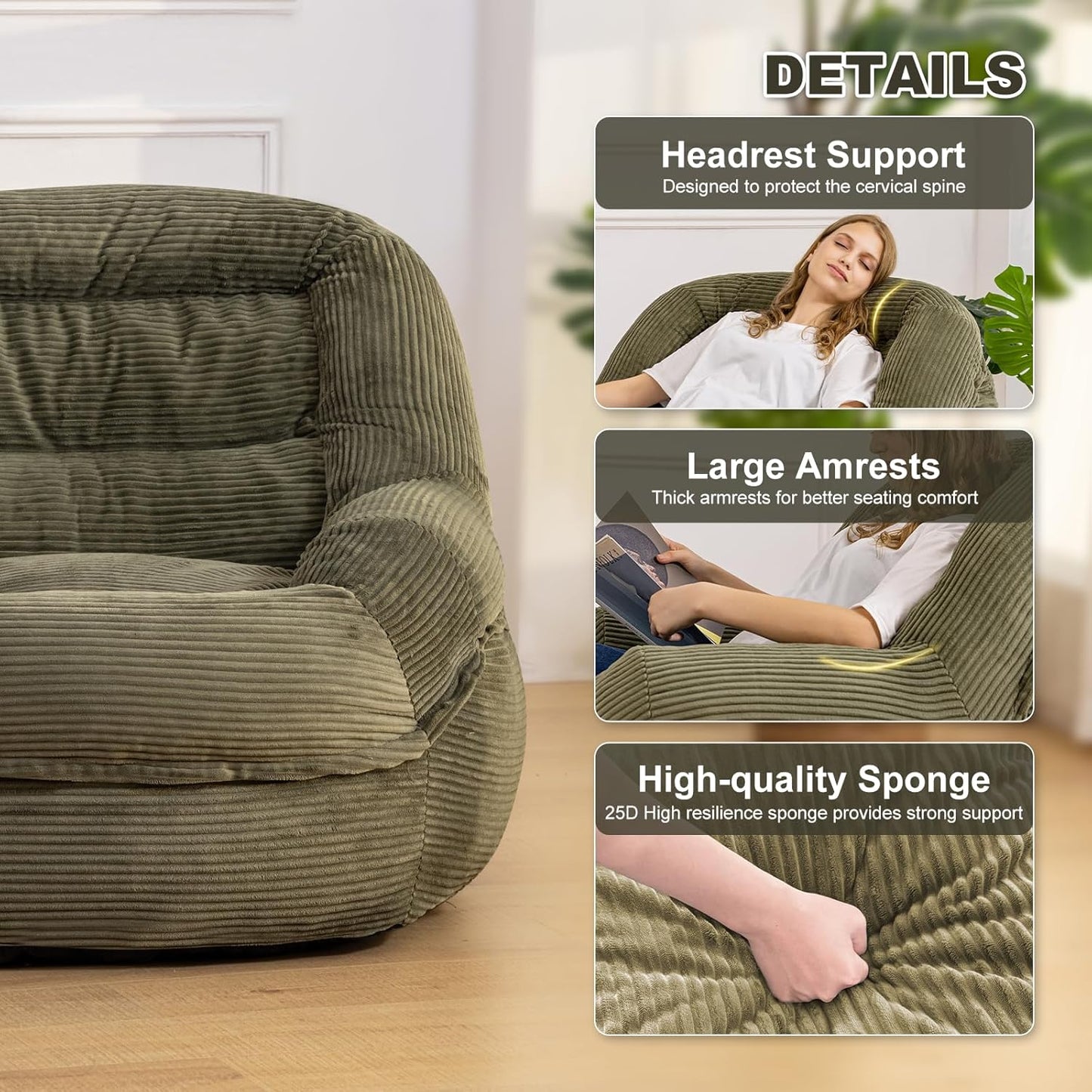 Giant Bean Bag Chair with Armrests - Oversized Cozy Seating for Adults, Corduroy Fabric & High - Density Foam Filling, Ideal Lounge for Living Room, Bedroom & Gaming Room (Olive Green)