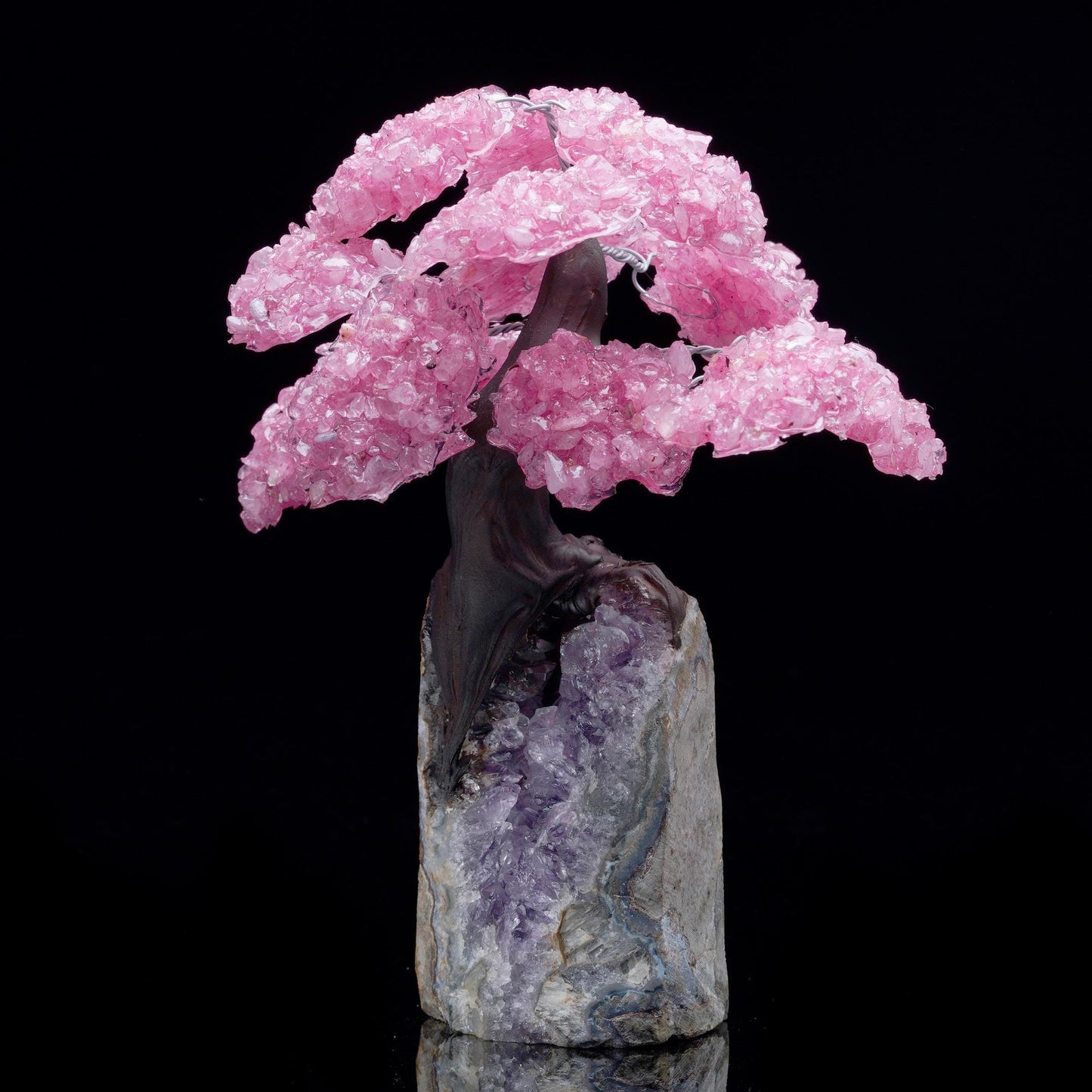 Rose Quartz Gemstone Tree on Amethyst Base, Crystal Tree with Natural Rose Quartz and Amethyst Stone, Decorative Healing Crystal Bonsai Tree