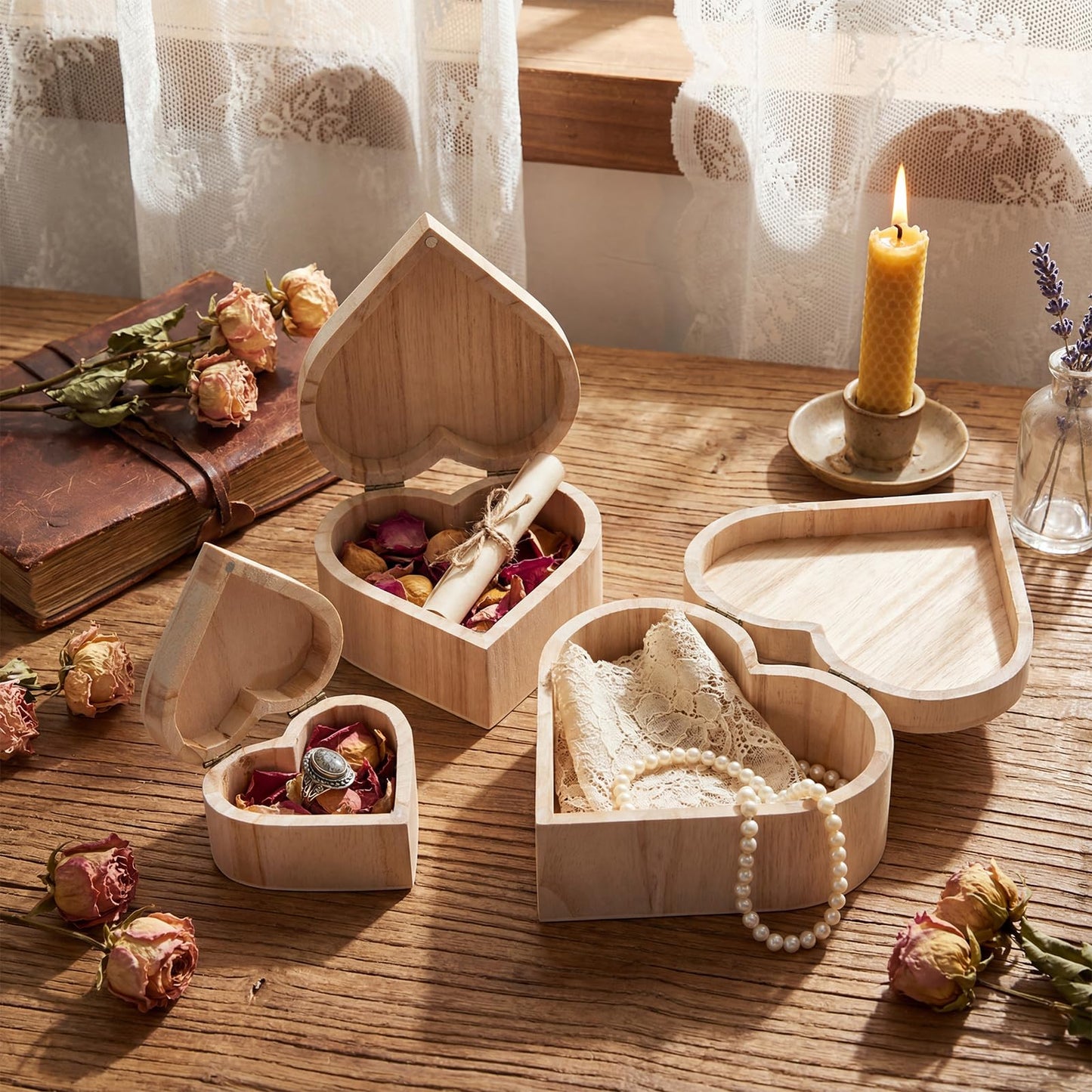 Taiyin 24 Pcs Unfinished Heart Box Unpainted Wooden Treasure Chest with Art Brushes Wood Heart Shaped Natural Pine Box with Hinged Lid for DIY Craft Making Storage Jewelry