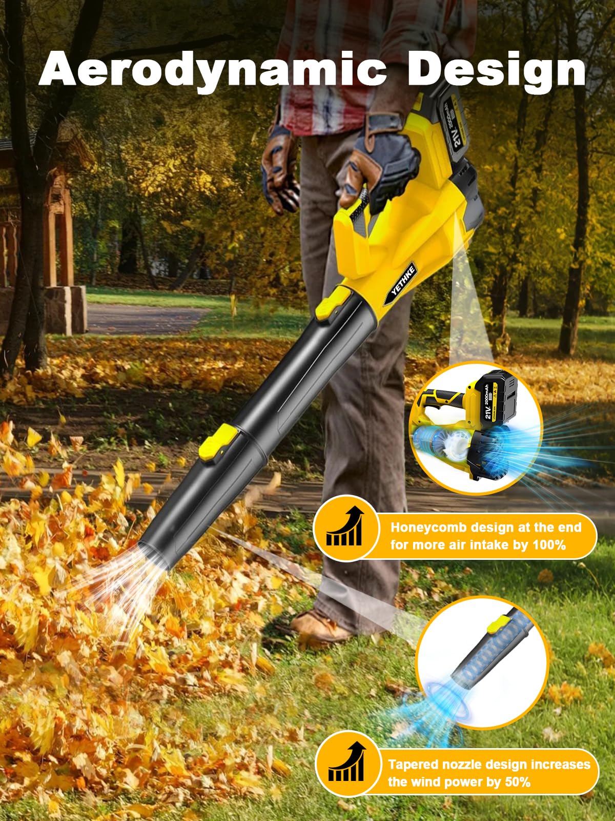 Leaf Blower Cordless, 21V Powerful Electric Blower with 2*4.0Ah Batteries & 1*Fast Charger, 6 Speed Modes, Handheld Lightweight Leaf Blowers for Lawn/Patio/Dust/Leaves, Gift Goggles & Earplugs-Yellow