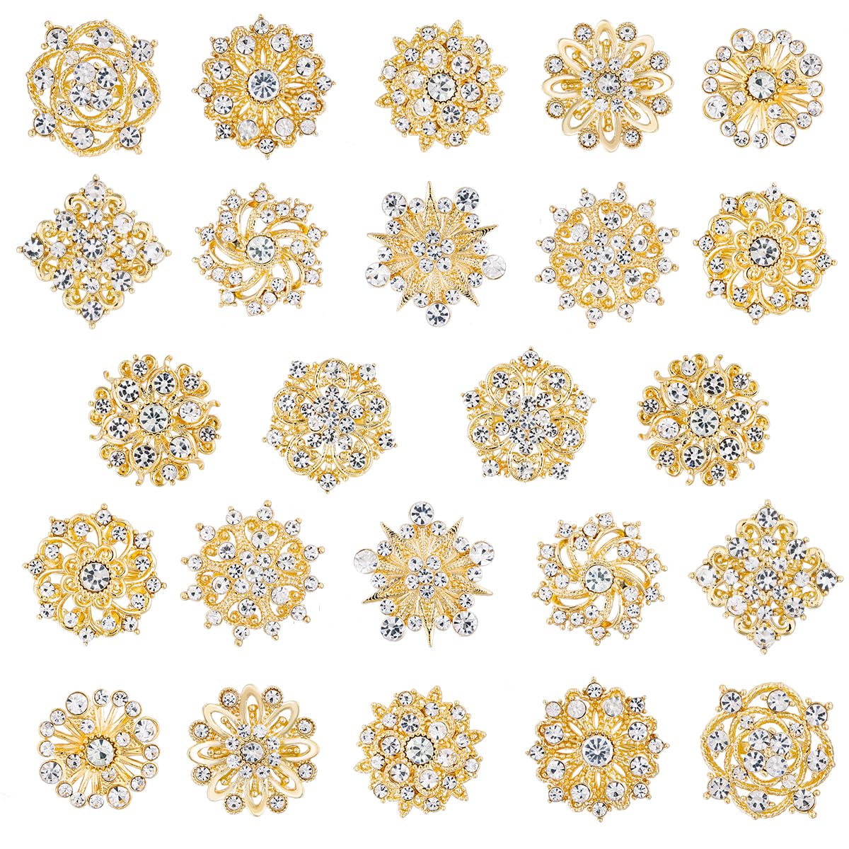 MEEDOZ Lot 24Pcs Assorted Crystal Rhinestone Flower Brooch Pins Set for Crafts Embellishment, Wedding Bouquet Brooches for Women Fashion (Gold Plated)