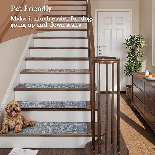 OJIA Vintage Stair Treads Non-Slip Stair Runner for Wooden Steps Indoor 15PCS 30"x8" Carpet Stair Treads Stair Mats Staircase Step Treads for Kids, Elders and Dogs, Stair Covers, Dark Gray