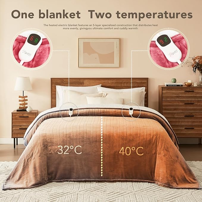 Homemate Electric Heated Blanket King - 100"x90" Heating Bed Blankets Throw with 10 Heating Levels 8 Hours Auto Off Fast Heating Over-Heated Protection Ultra Soft Warm Flannel ETL Certified