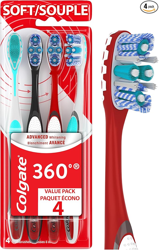 Colgate 360 Advanced Whitening Soft Toothbrush Pack, 4 Adult Soft Toothbrushes with Cheek and Tongue Cleaner, Helps Clean Your Teeth, Tongue, Cheeks, and Gums, 4 Pack
