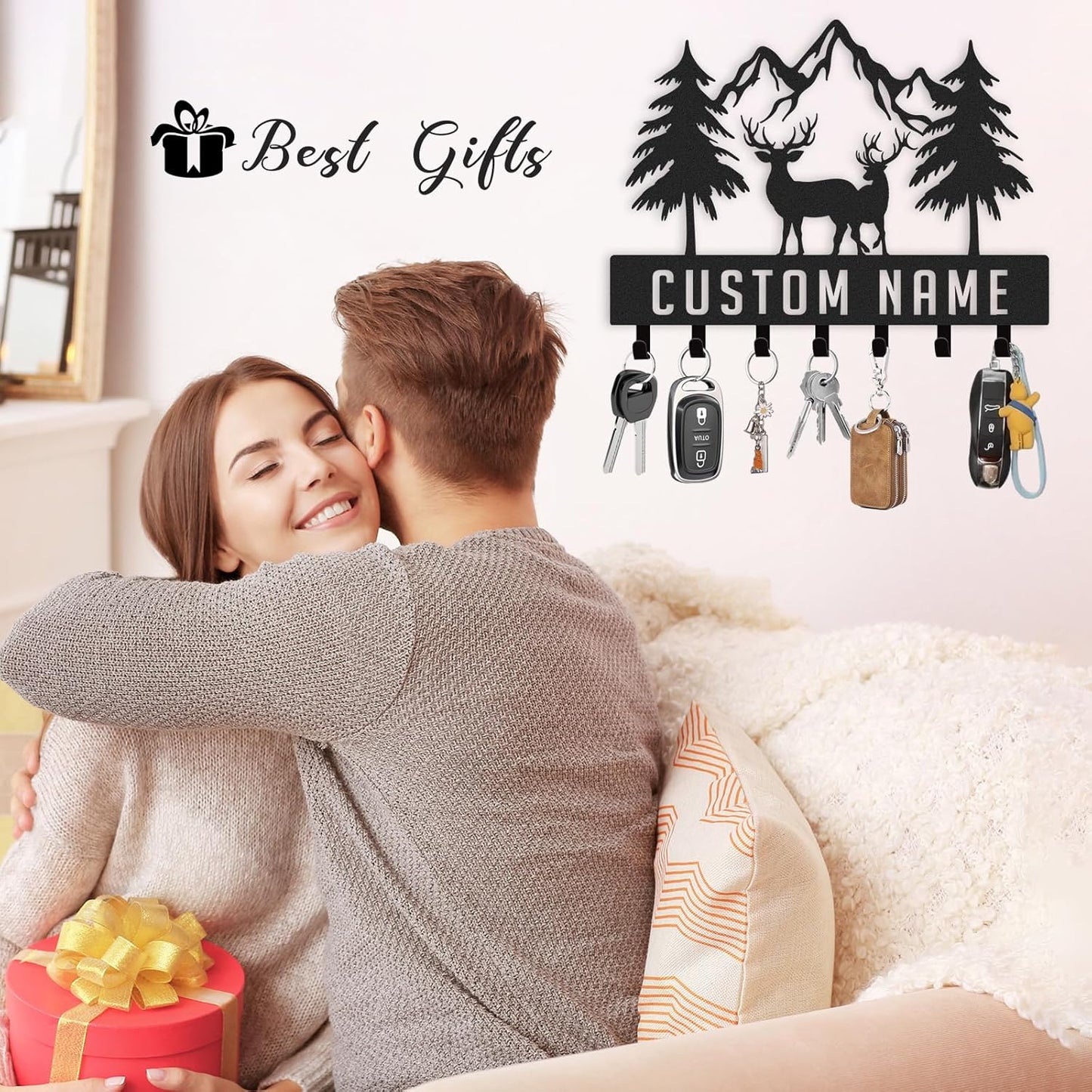 Personalized Key Holder Wall Mount, Custom Metal Deer Cabin Key Hooks with Name, Metal Key Organizer Wall Decoration for Bedroom, Kitchen, Doorway, Entryway, Front Door, Bathroom