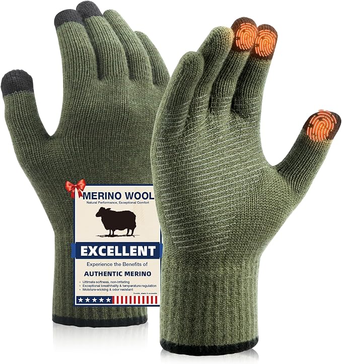 Merino Wool Gloves for Men Women Touch Screen Warm Anti-Slip Glove Liners Thermal for Driving Hiking