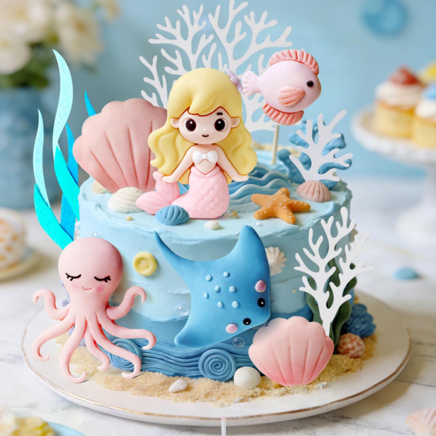 Under the Sea Ocean Birthday Cake Decorations Sea Ocean Party Favor Supplies for Sea Ocean Theme Baby Shower Birthday Party